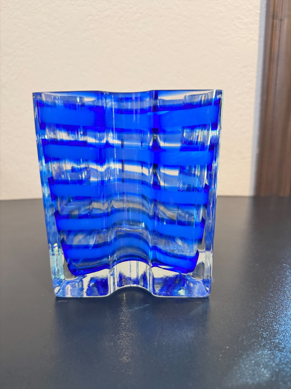 4.8lb Murano Style Cobalt Blue & Clear Art Glass Vase Thick Layered Modern Heavy