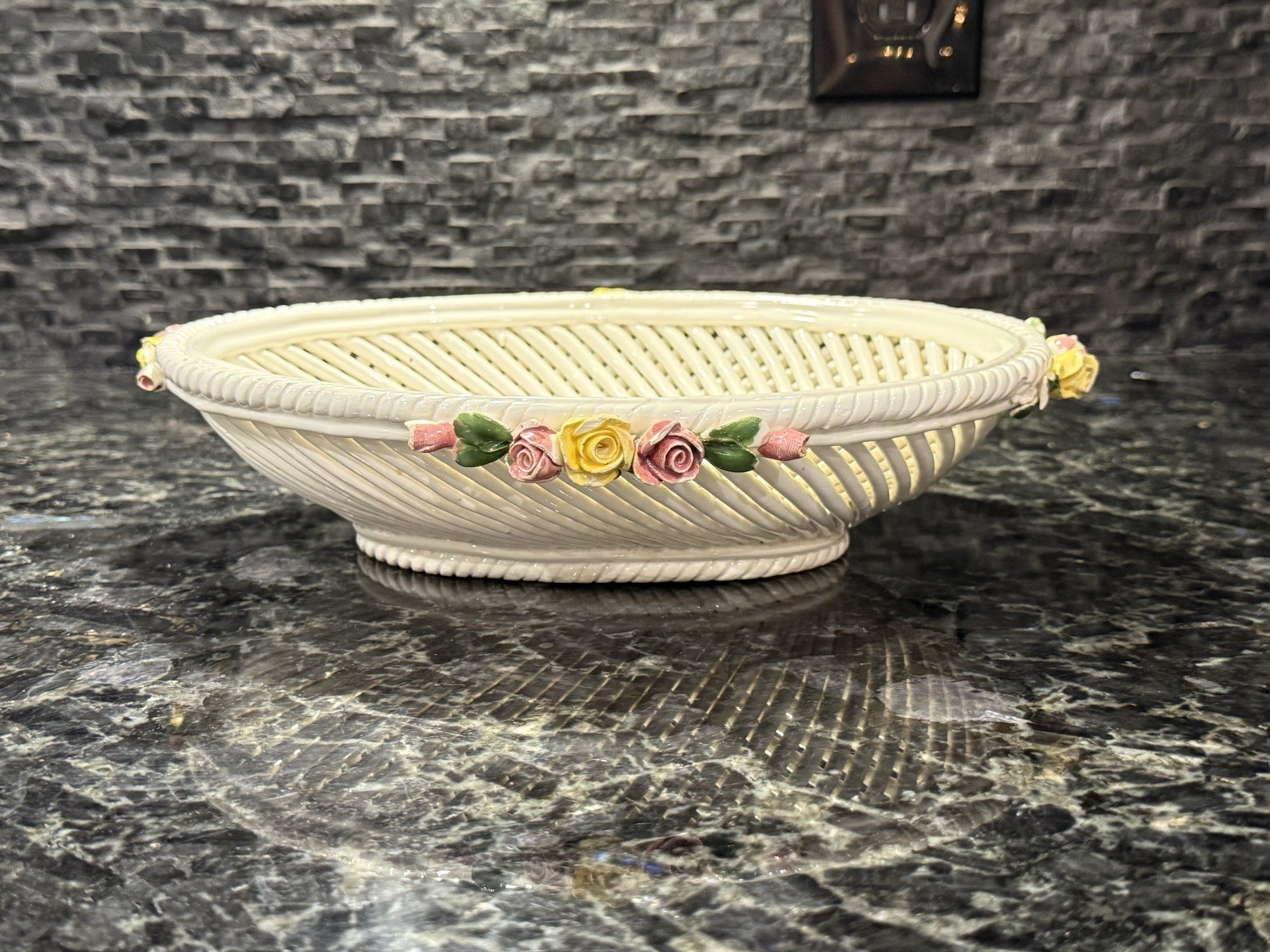 Vintage Hand Painted Italy Ceramic Lattice Basket Bowl Applied Roses Floral
