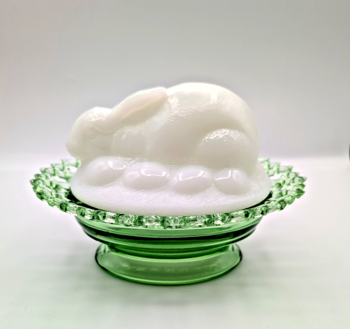 Rare Fenton Covered Bunny Rabbit on a Basket Milk Glass Top Green Glass Bottom