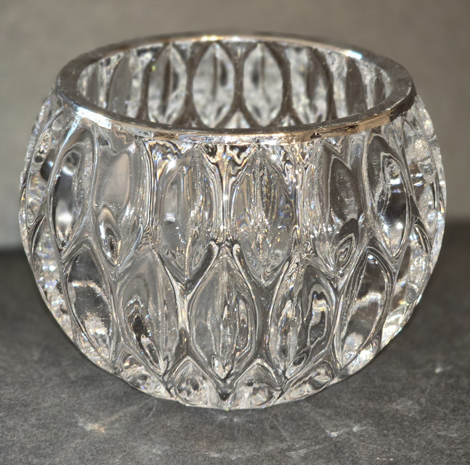 Teardrop Pressed Crystal Glass Votive Candle Holder Vase Silver Banded Elegance