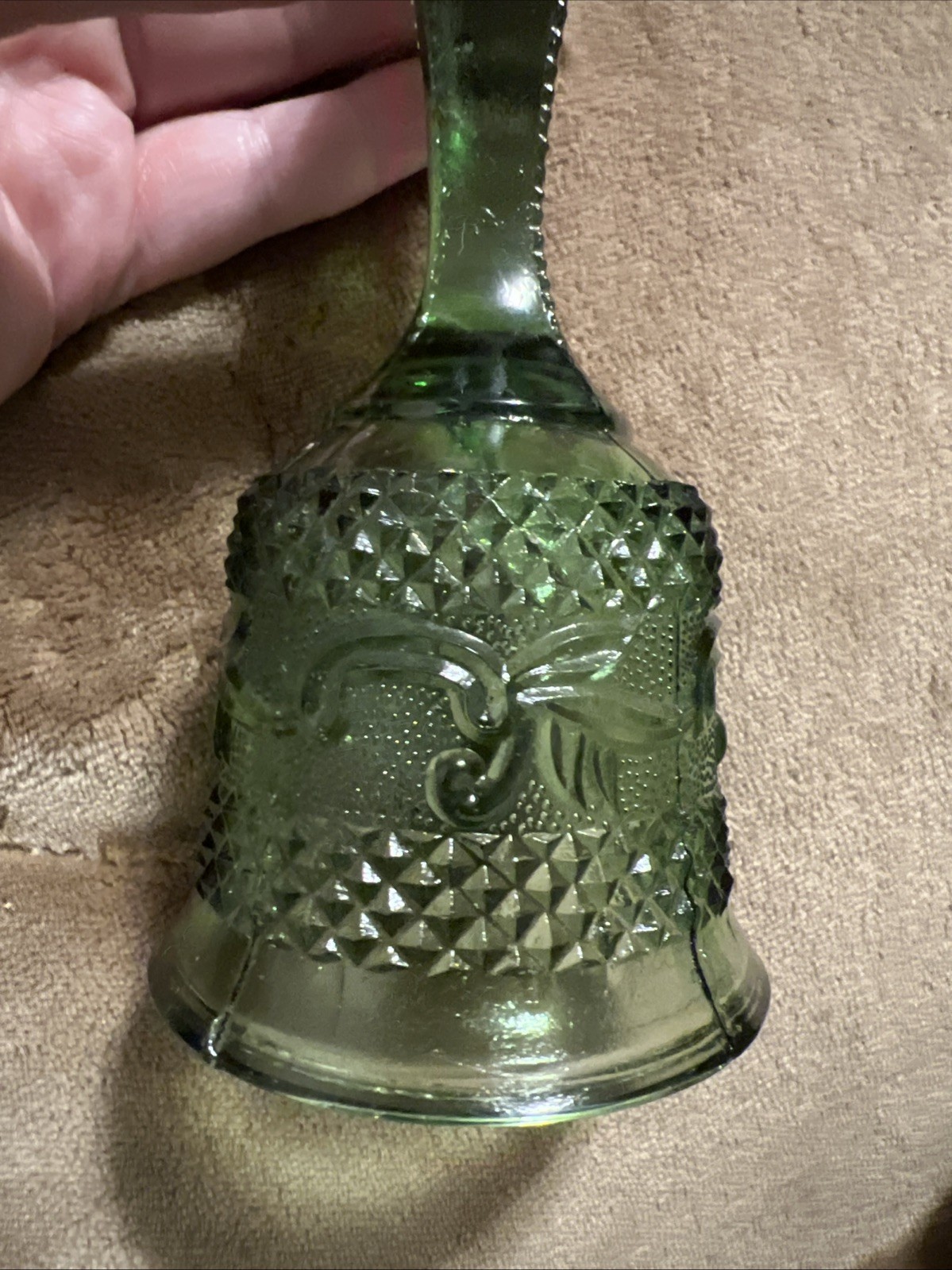 Green Artmark Depression Glass Bell Vintage Diamond Point 6” Hobnail