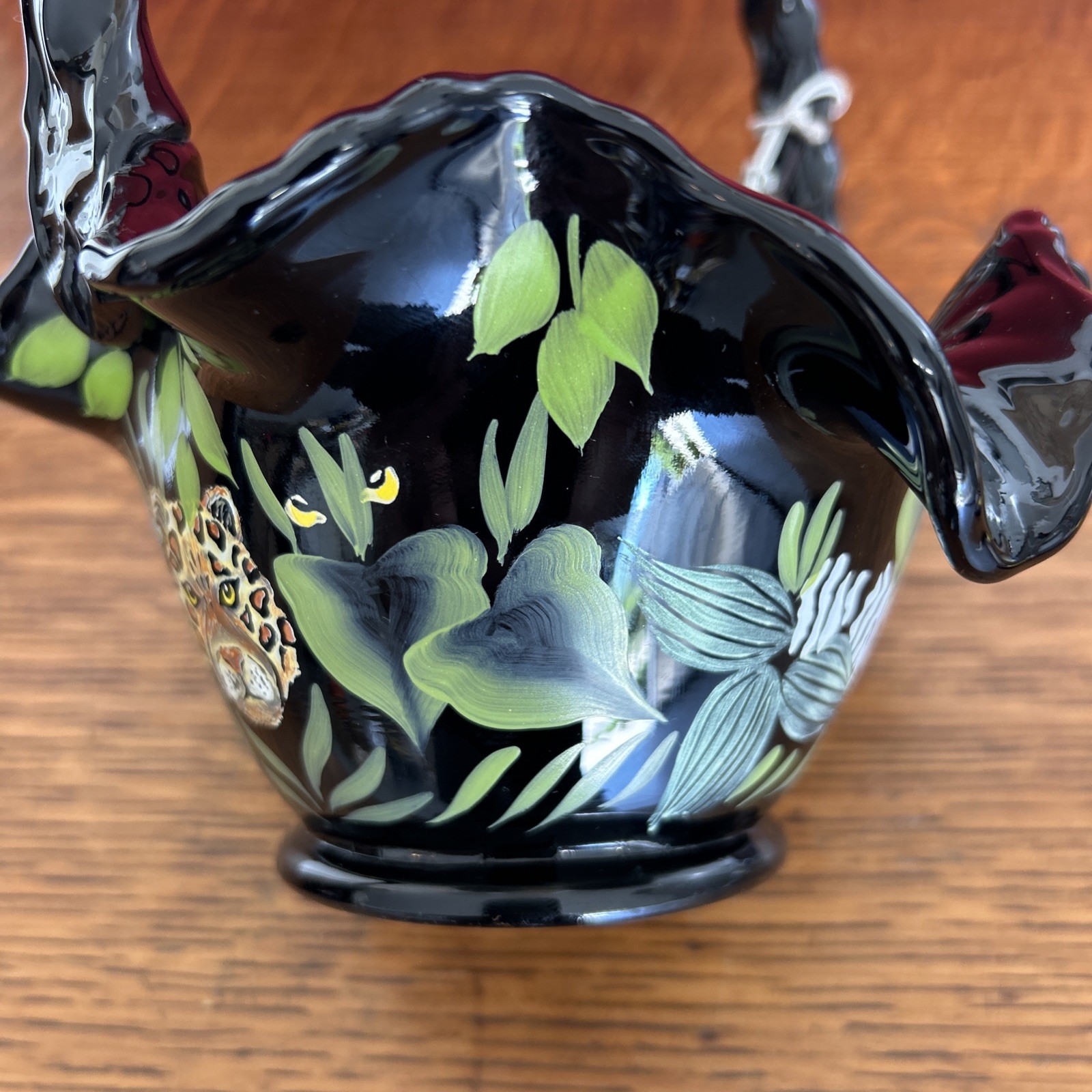 Fenton Glass Basket Midnight Safari Jungle Jaguar Zebra Giraffe Black Amethyst