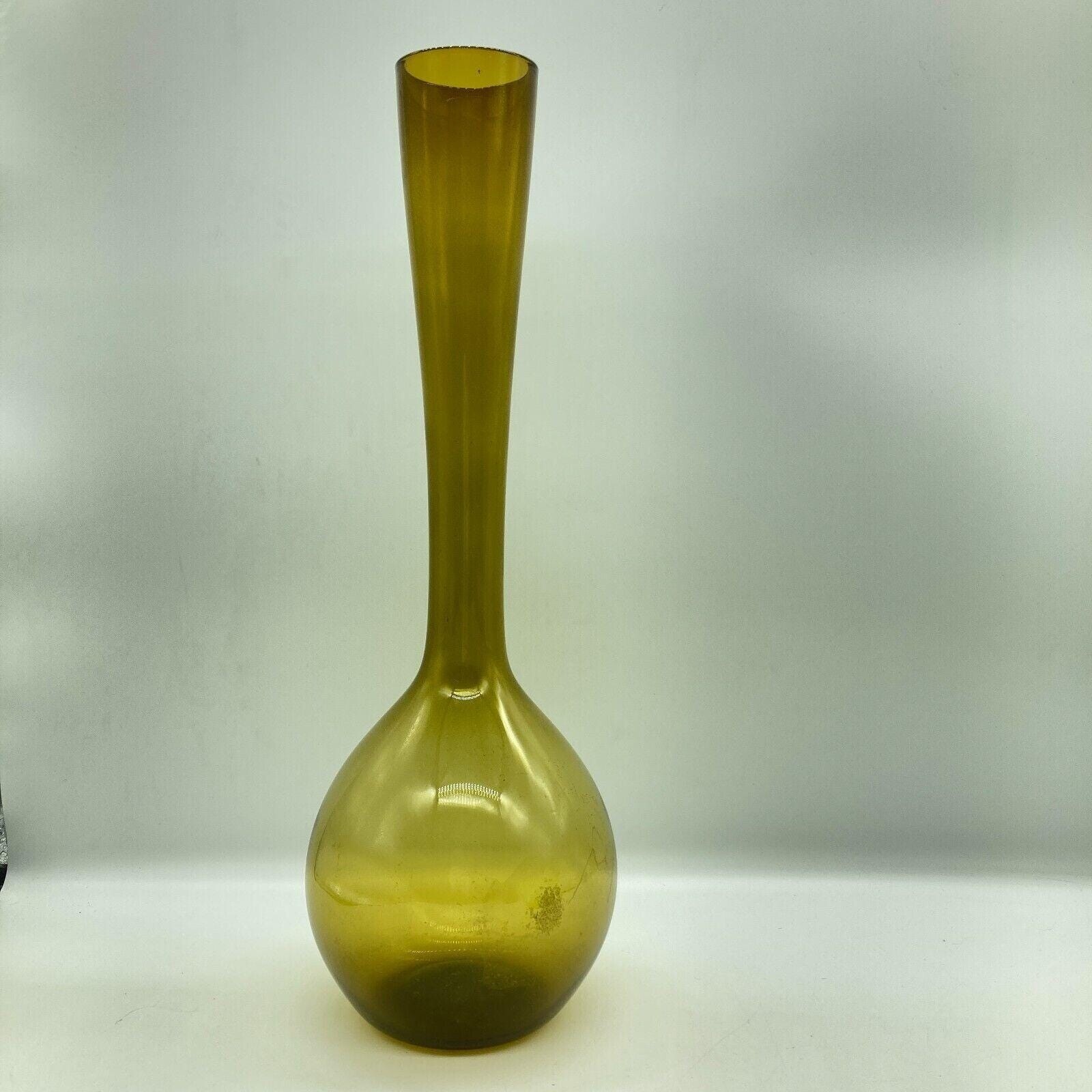 MCM Vase 15.75″ Long Neck Hand Blown Olive Art Glass Bulb Base Tall Vintage