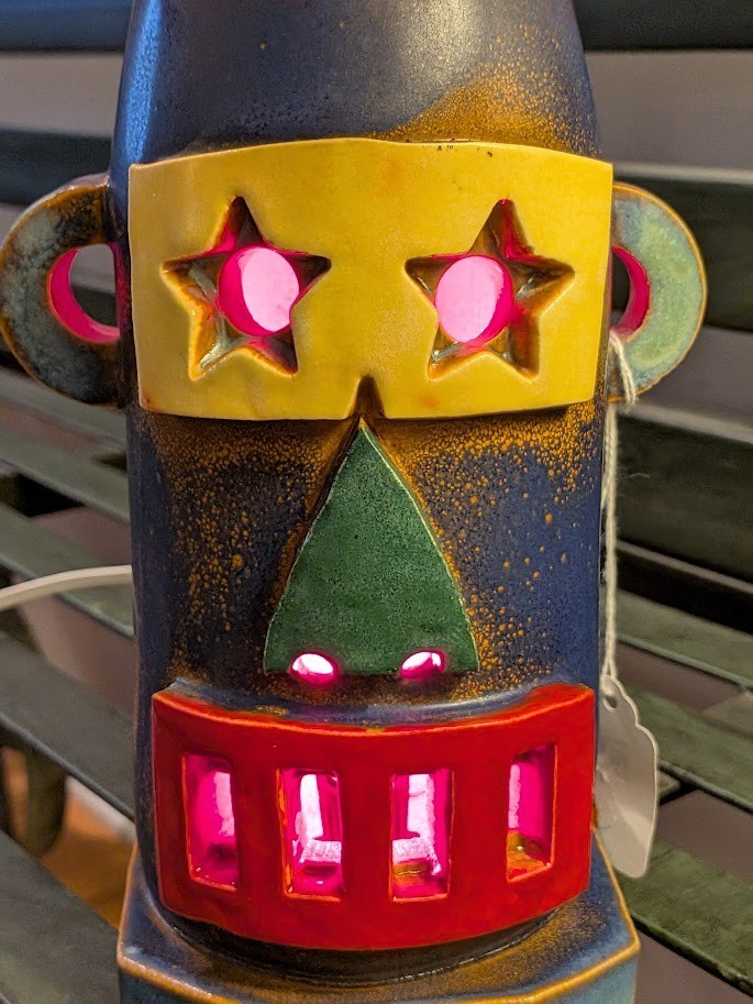 Doug Spalding Art Studio Pottery (Detroit) 10″ Robot Sculpture Night Light Lamp
