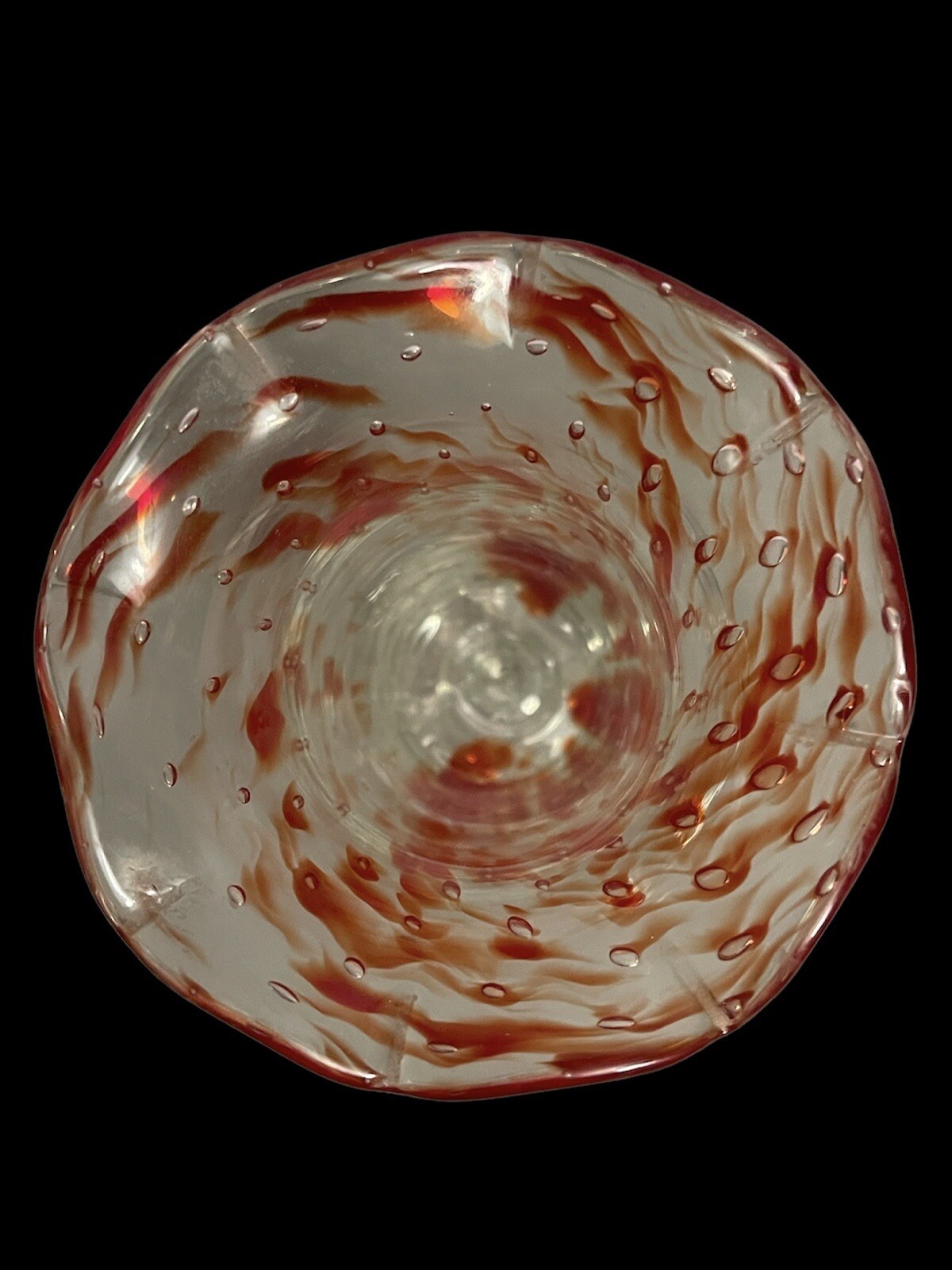 Hand Blown Glass Vase Red/Clear Scalloped Top Rare Find EUC