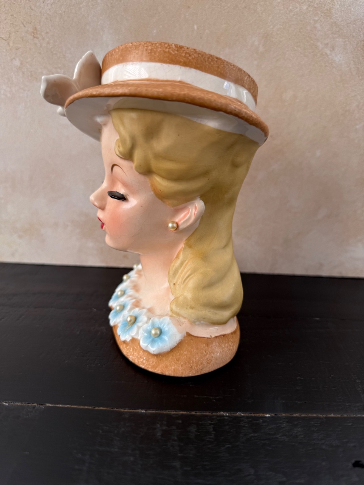 VINTAGE LADY HEAD VASE RUBENS BLONDE BURNT ORANGE DRESS HAT APPLIED FLOWER 5.5”