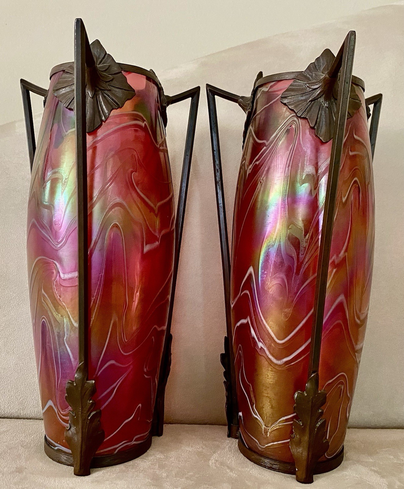 Art Nouveau Bohemian Kralik Loetz Ruby Iridescent Glass Bronze Vases Pair 11.5”