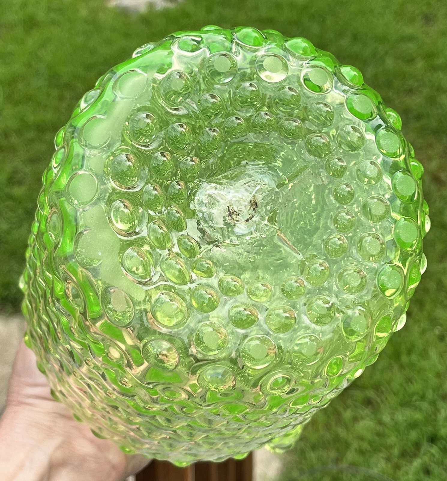 1880’s Vaseline Uranium Art Glass Two Handled Thousand Eye 10 1/2” X 6 1/4” Vase
