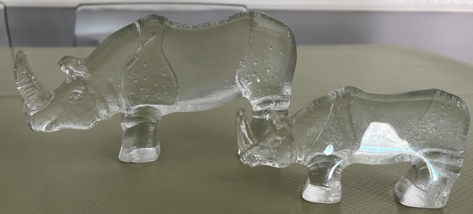 Two Kosta Boda Art Glass Rhinoceros Bertil Vallien Zoo Series Sweden