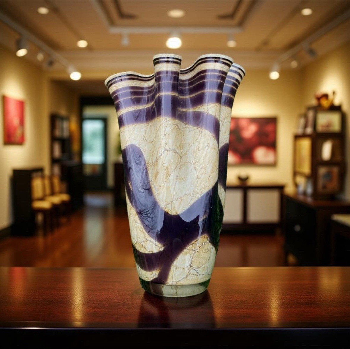 Krosno Jozefina Hand Blown Art Glass Handkerchief Vase Brown Ivory Poland 13.75
