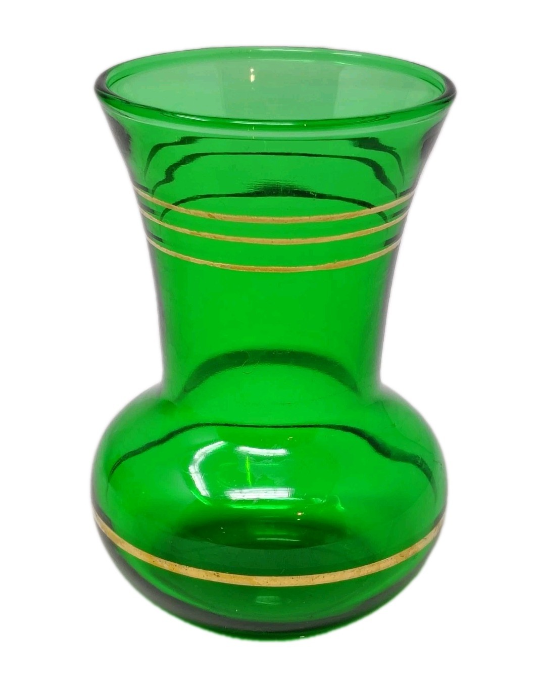 Vintage Emerald Forest Green Glass Bud Vase Hand Painted Gold Detail Mini Set 2