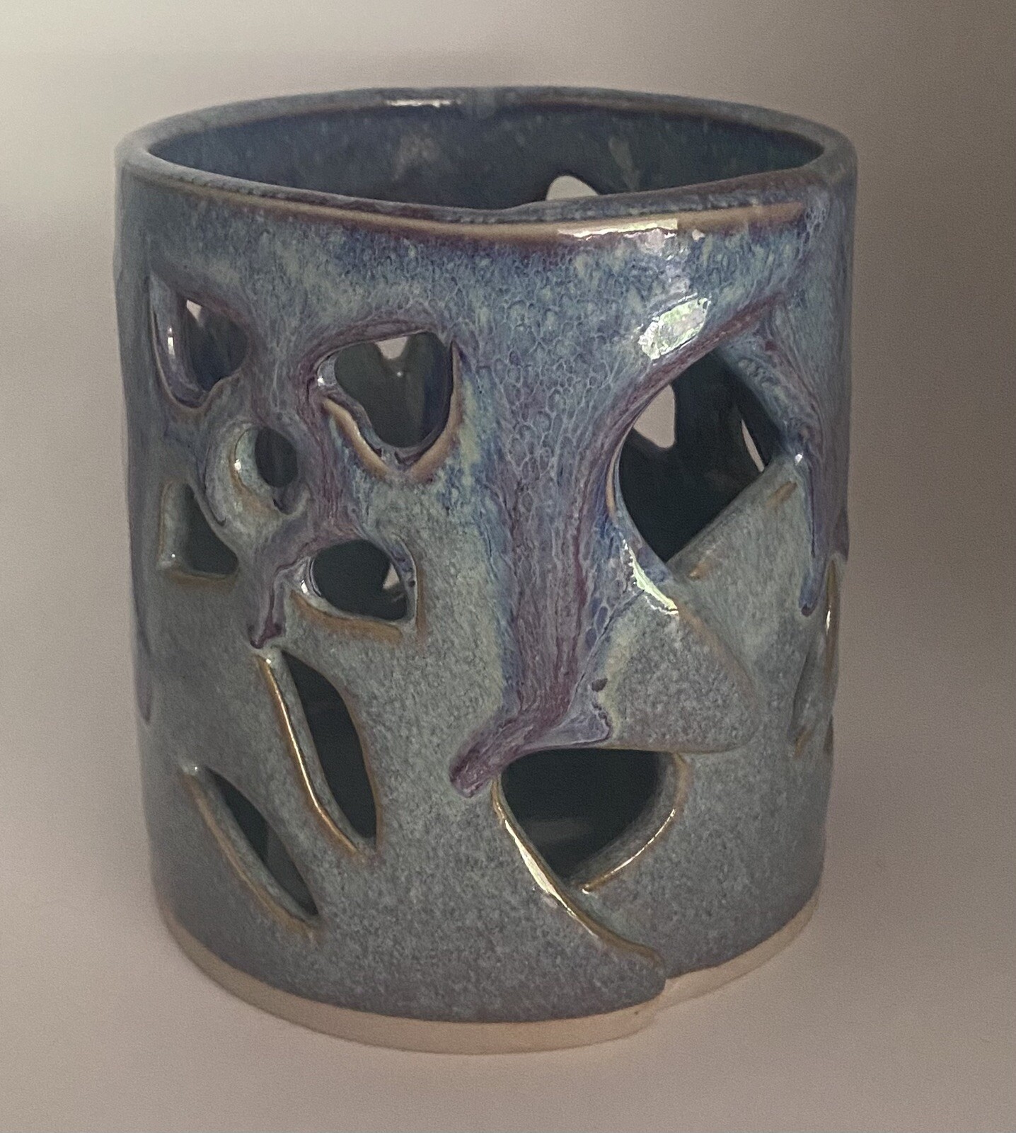 Bay Pottery Studio Art Candle Holder Luminaria Cut Out Floral Detail Purple