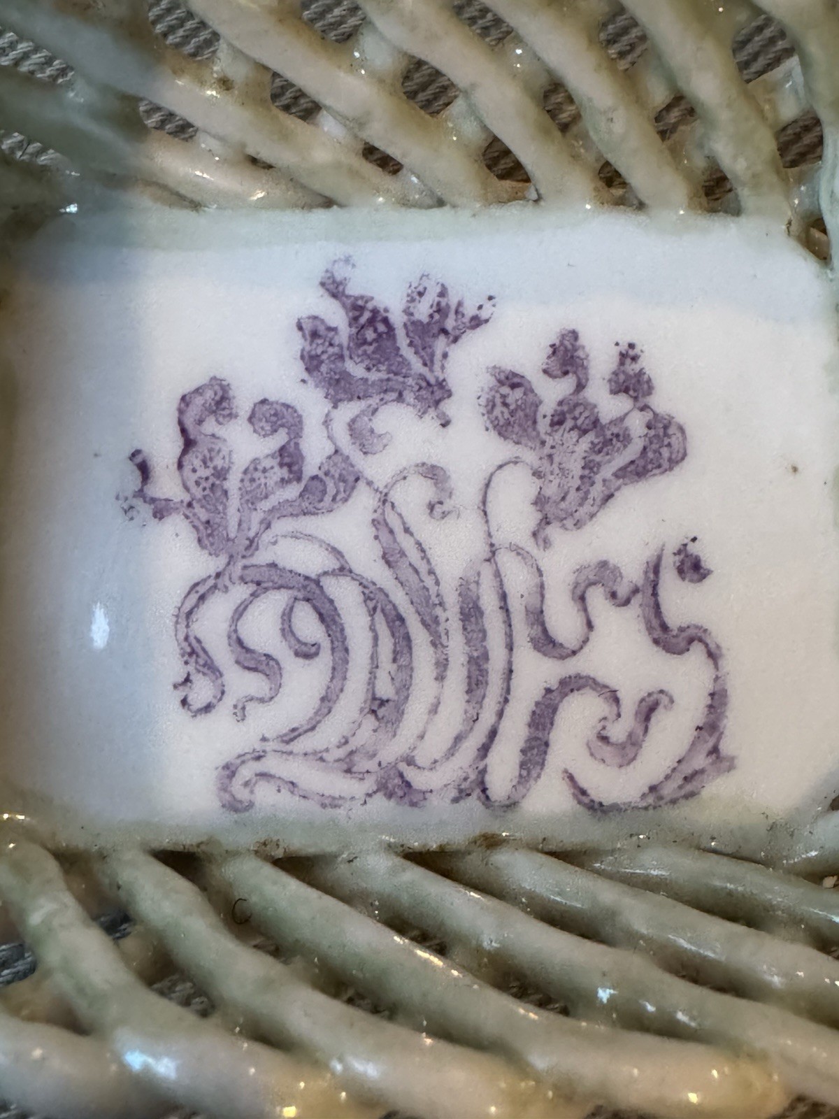 Antique White and Green with Purple Iris Floral Small Porcelain Rope Basket