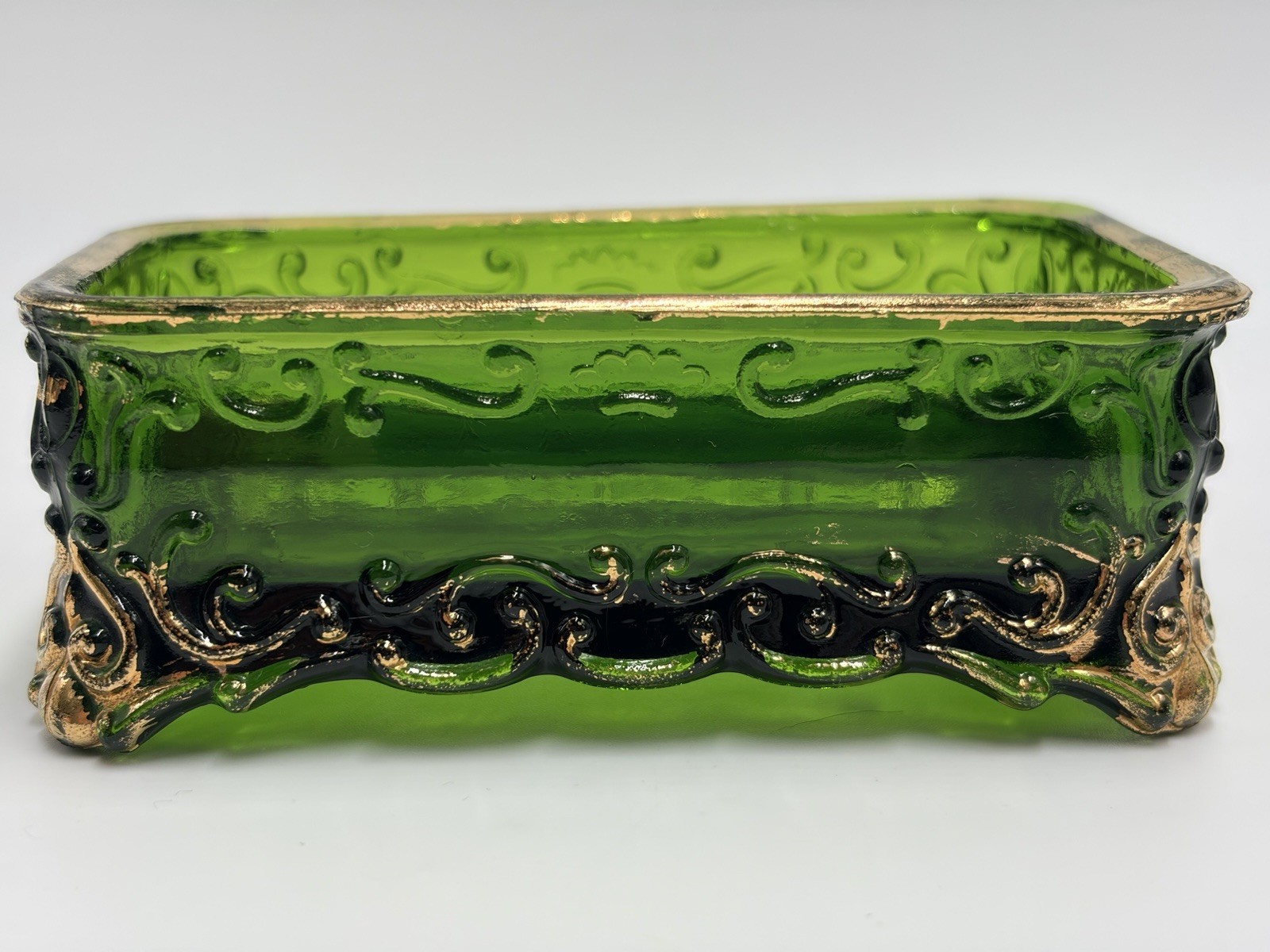 VNTG Emerald Green Glass Footed Trinket Square Dish Tray W Gold Tone Gilt Trim