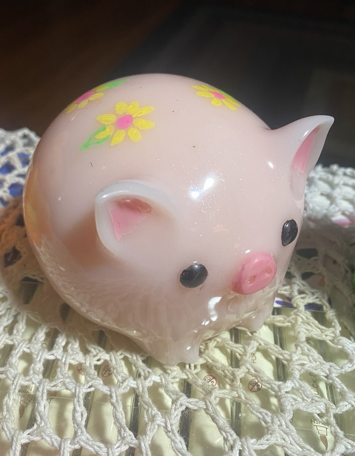 Pink Ceramic Pig Figurine Glossy Finish Floral Pattern Decorative Animal