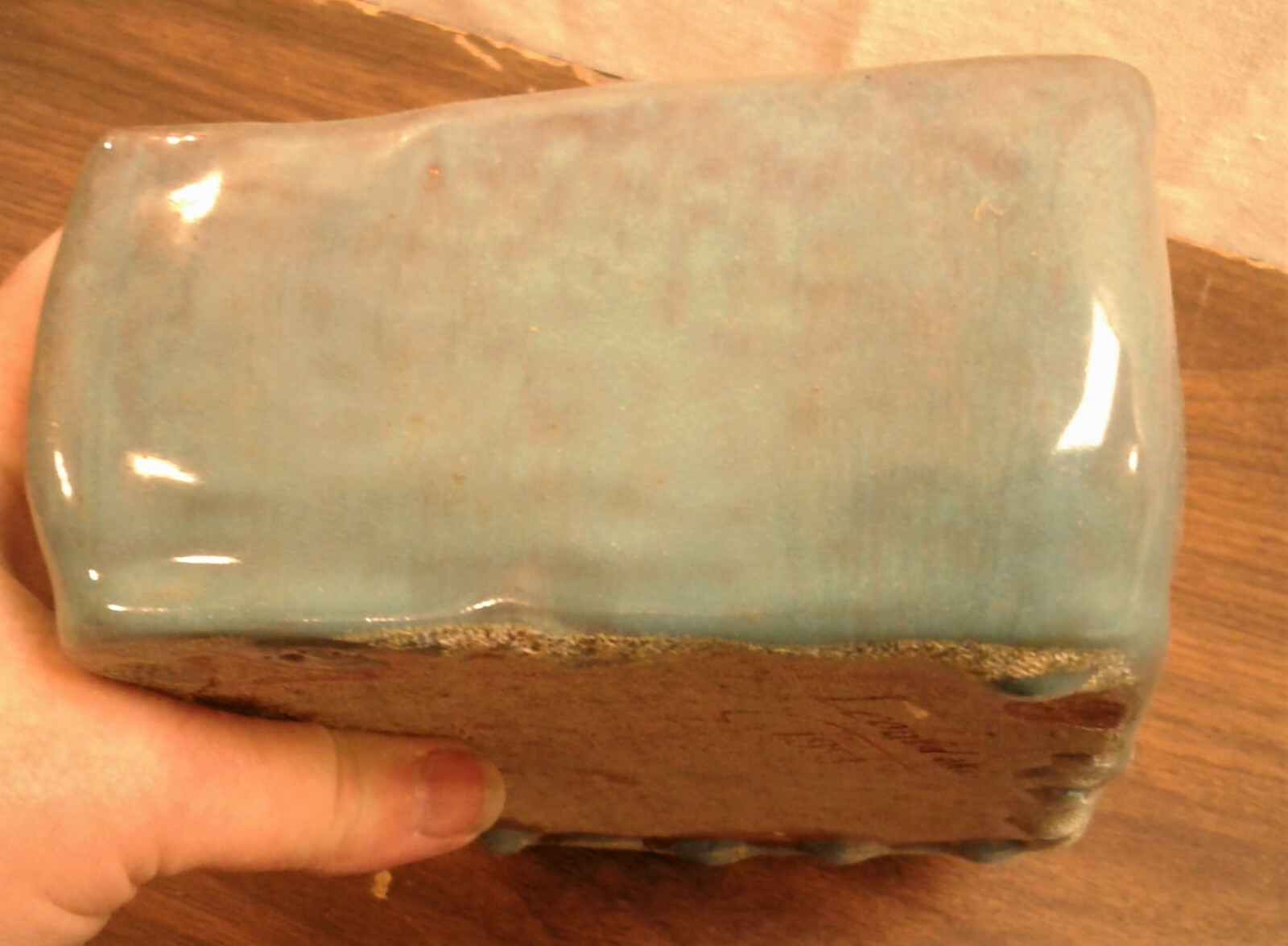 Vintage Studio Art Pottery Redware Turquoise Drip Glaze Rectangle Planter Signed