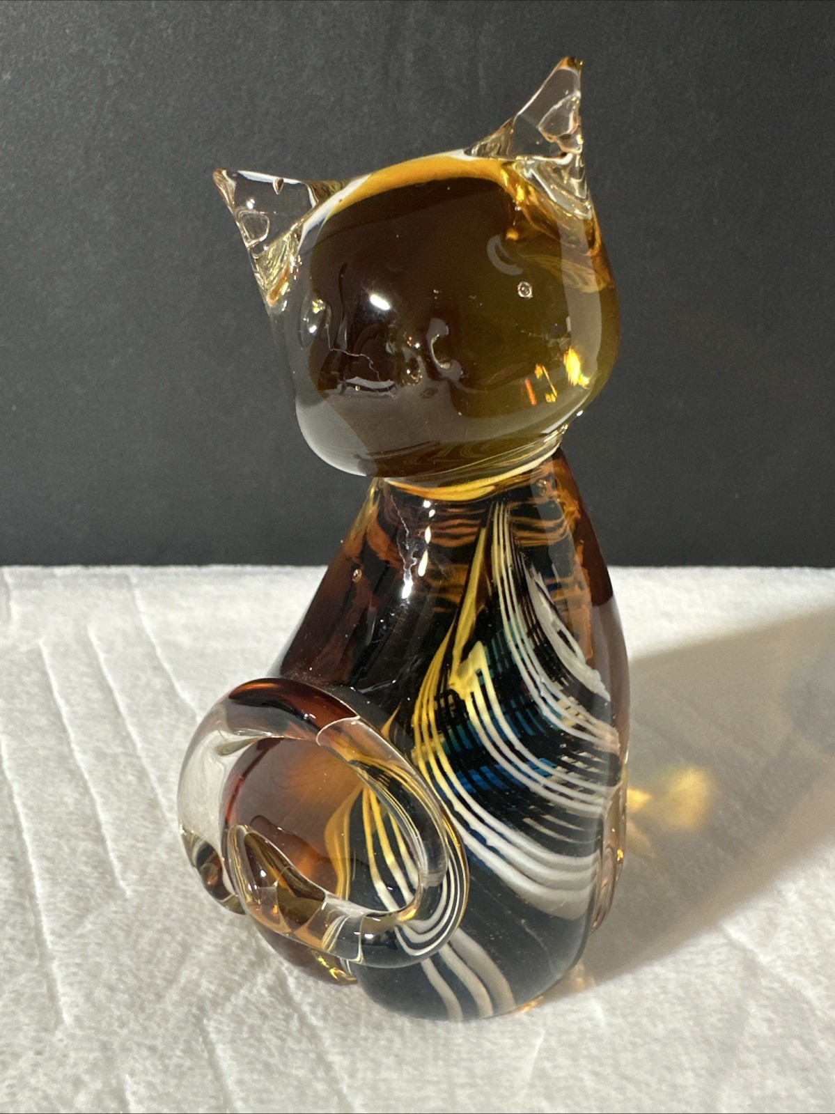 Vintage Murano Art Glass Swirl Cat Figurine Colorful Italy 4.5″ Tall