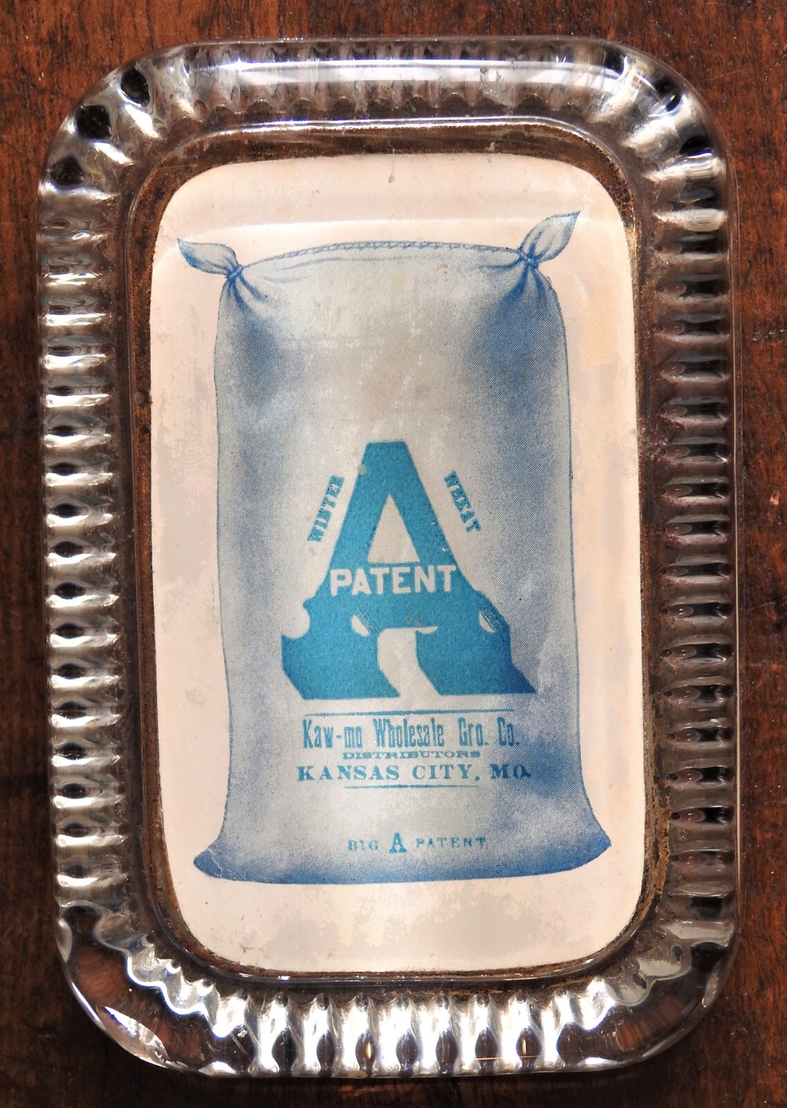 Antique Vintage Glass Advertising Paperweight Wheat Kaw-mo Grocer Kansas City MO