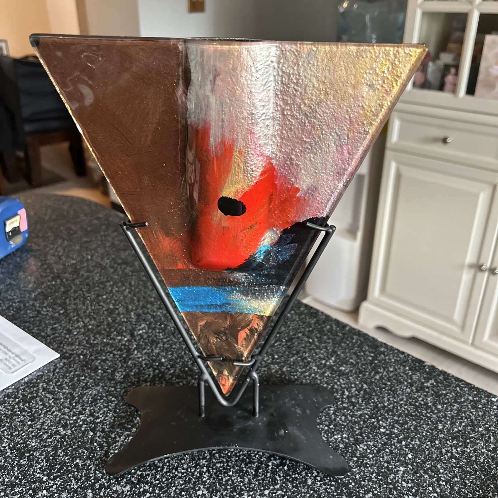 Jasmine Art Glass Table Vase Abstract Art Brown Blue Gold Red & Black 12.5”x9”