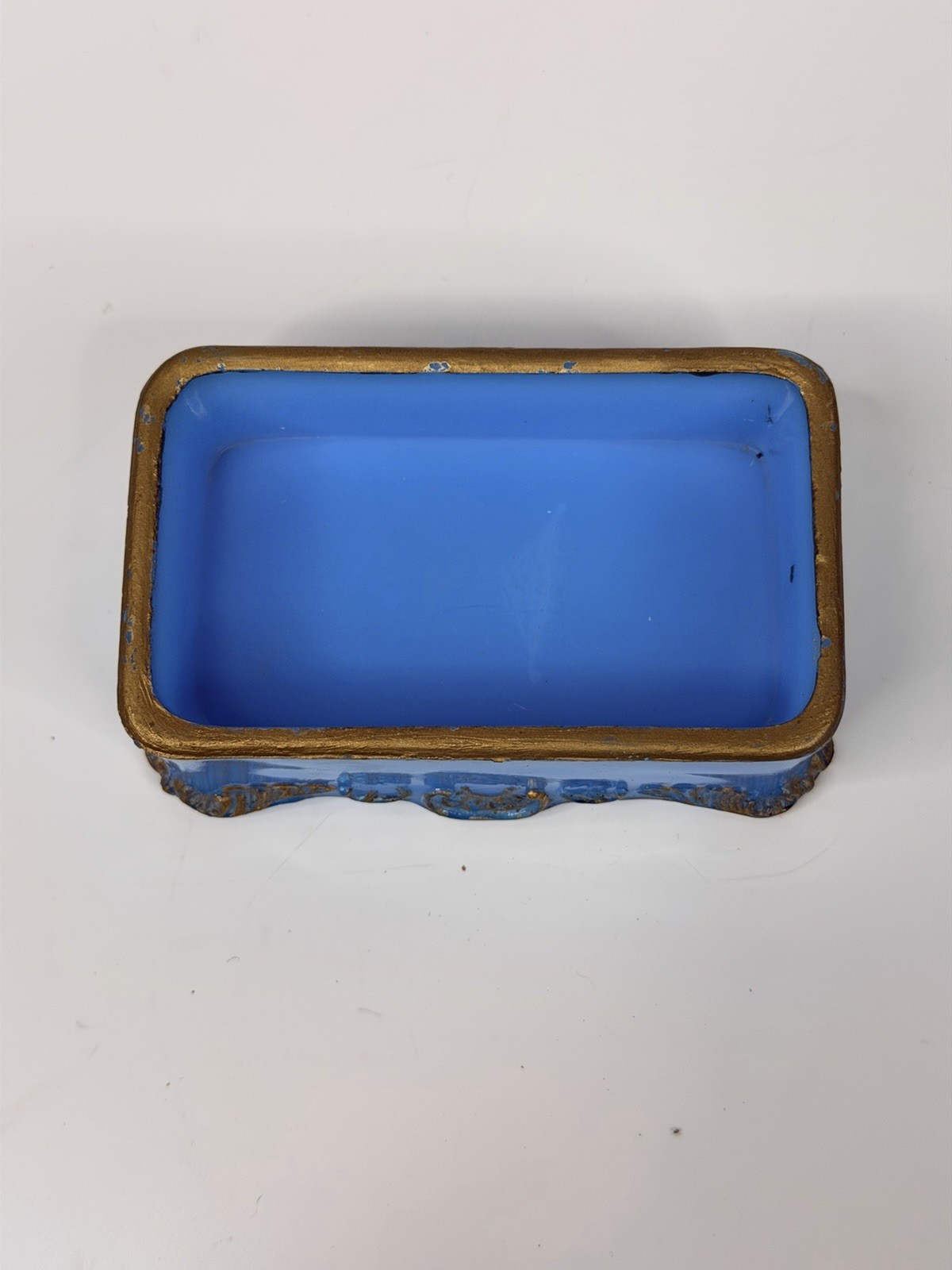 Antique Blue Slag Milk Glass Trinket Cosmetic Box hand painted soap dish