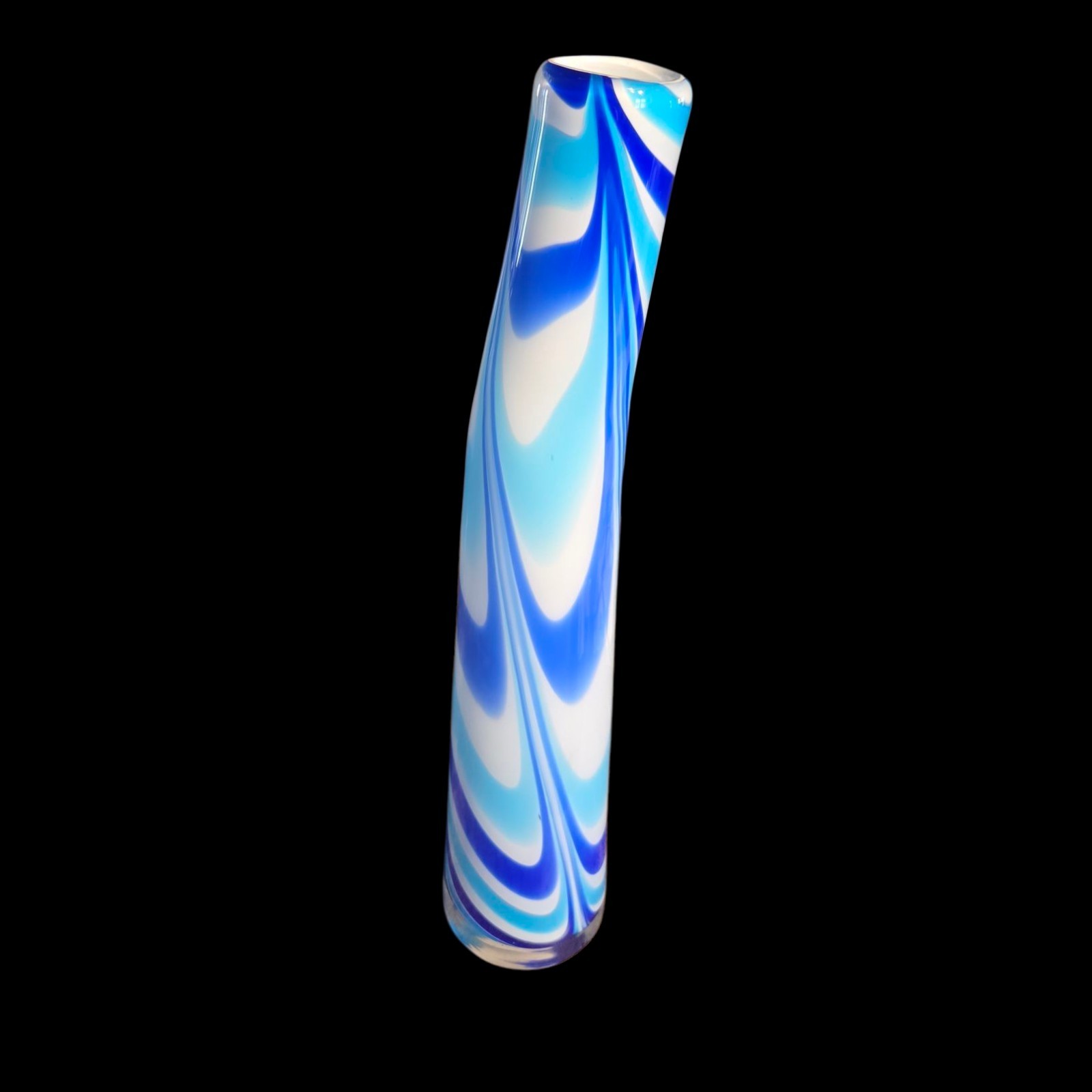 Hand Blown Art Glass Vase 15.75″ Cased Curved Cobalt Blue Tuquoise White Swirl