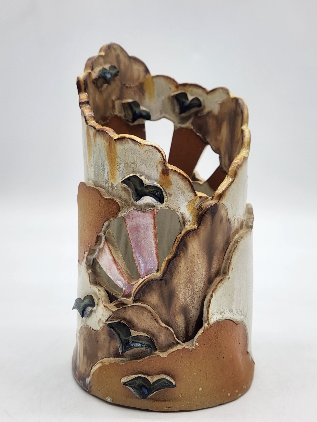 Studio Art Pottery Clay Candle Holder Wrapped Luminary Lantern Sun Clouds Birds