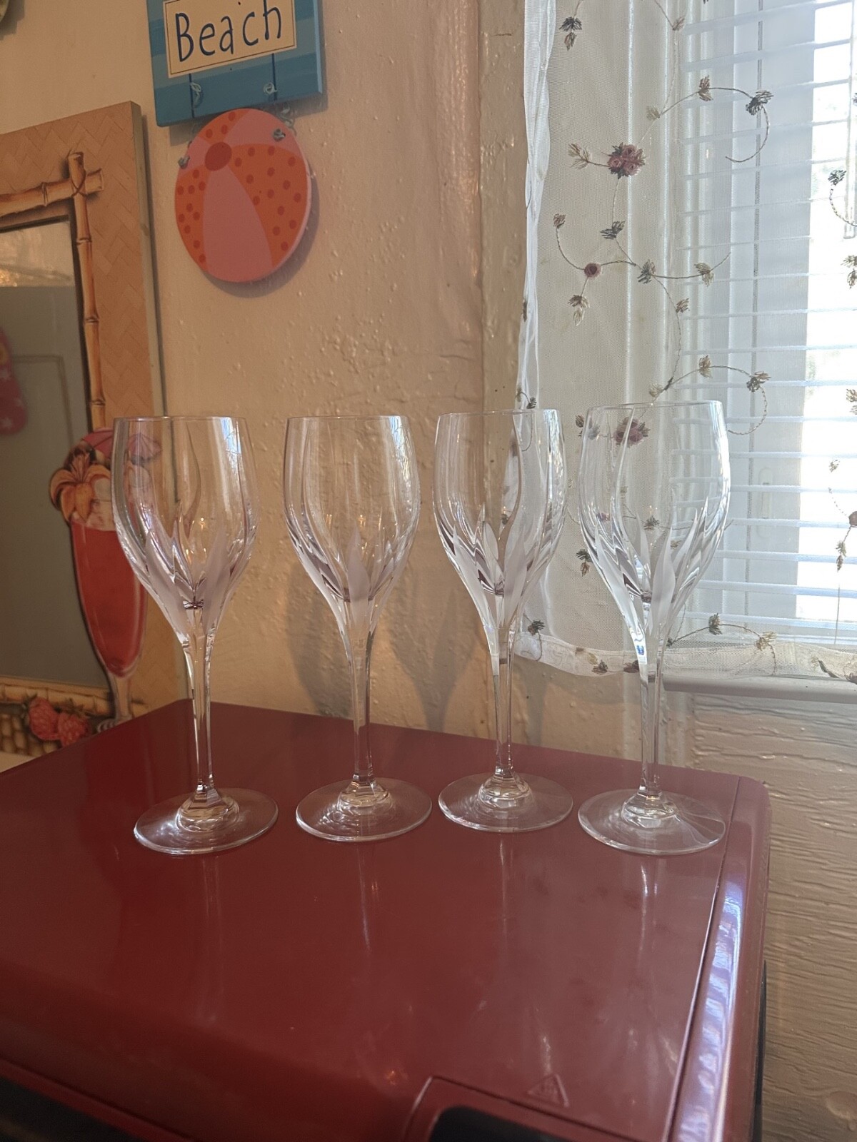4 Mikasa Flame D’Amore water goblets. 9″ Great condition.
