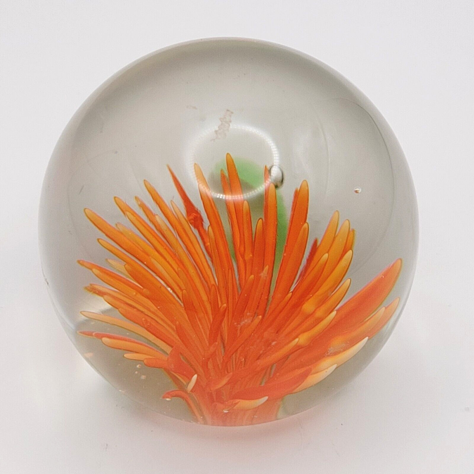 Dahlia or Zinnia Flower Orange Pointed Petal Small Clear Art Glass Paperweight