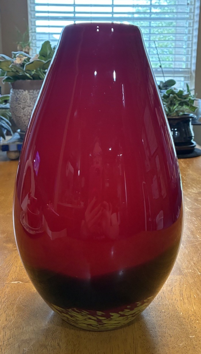 Red Black & Lime Green Art Glass Vase Made in China Medium Size