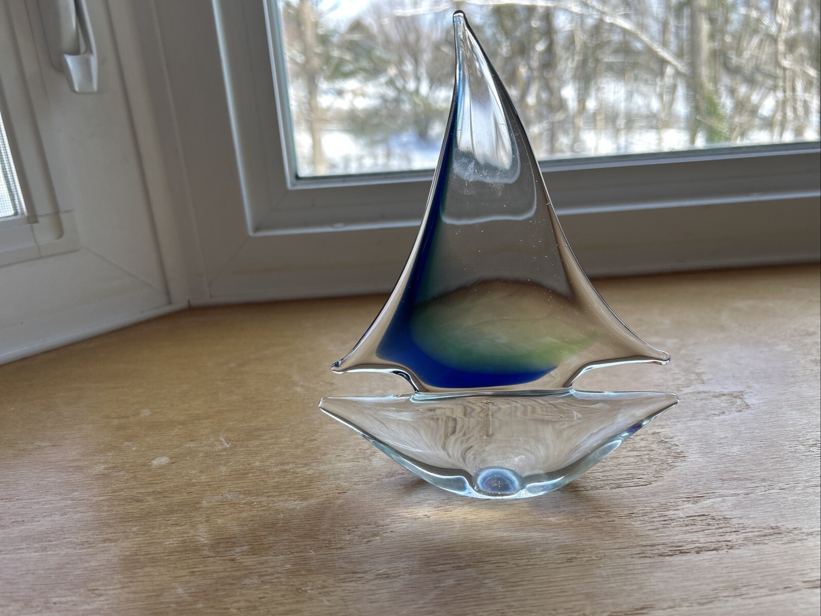 Hand blown glass Sailboat Blue Green Paperweight Nautical Display Sailing Boat