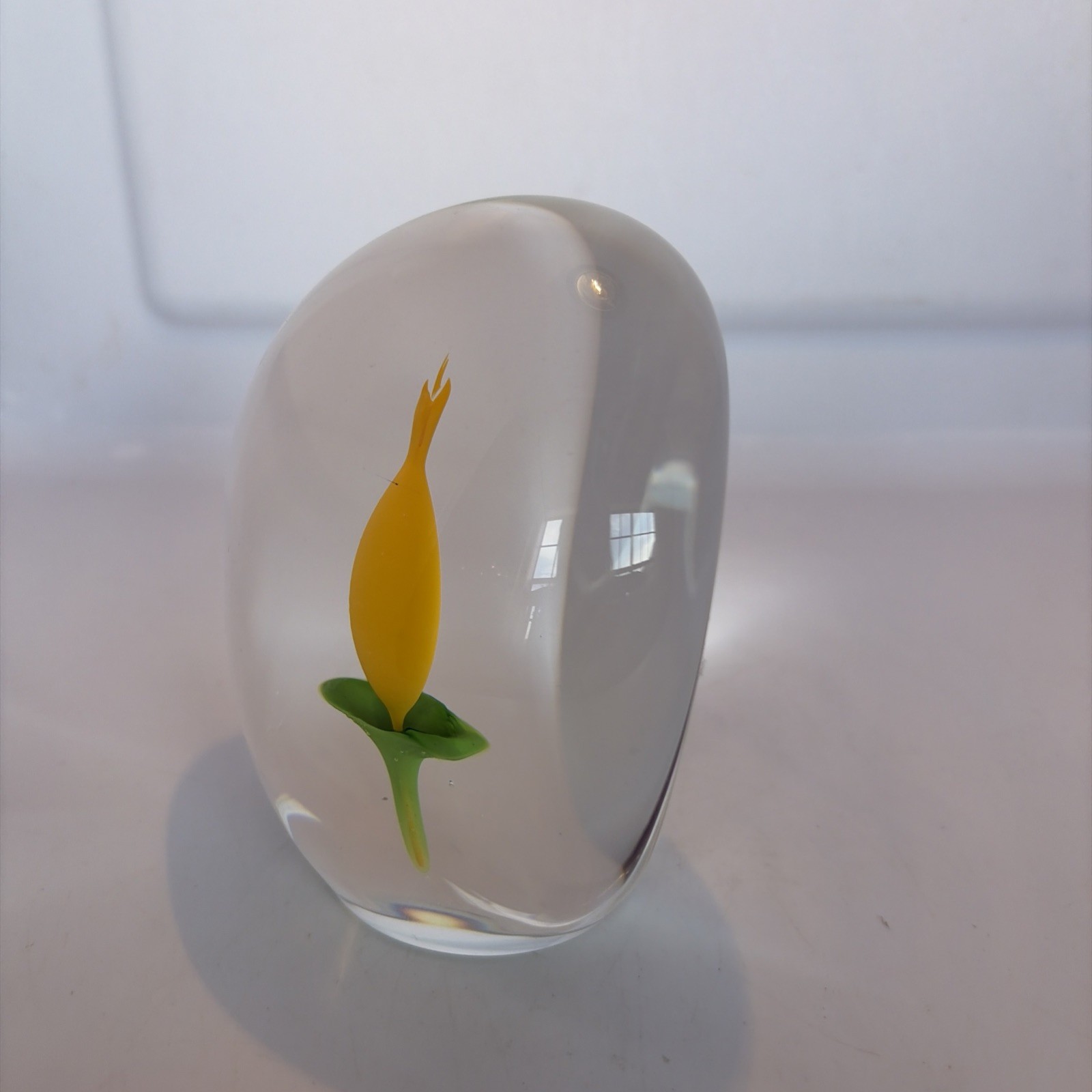 Vintage Beranek Czech Glass Paperweight with Yellow Calla Lily 5″H