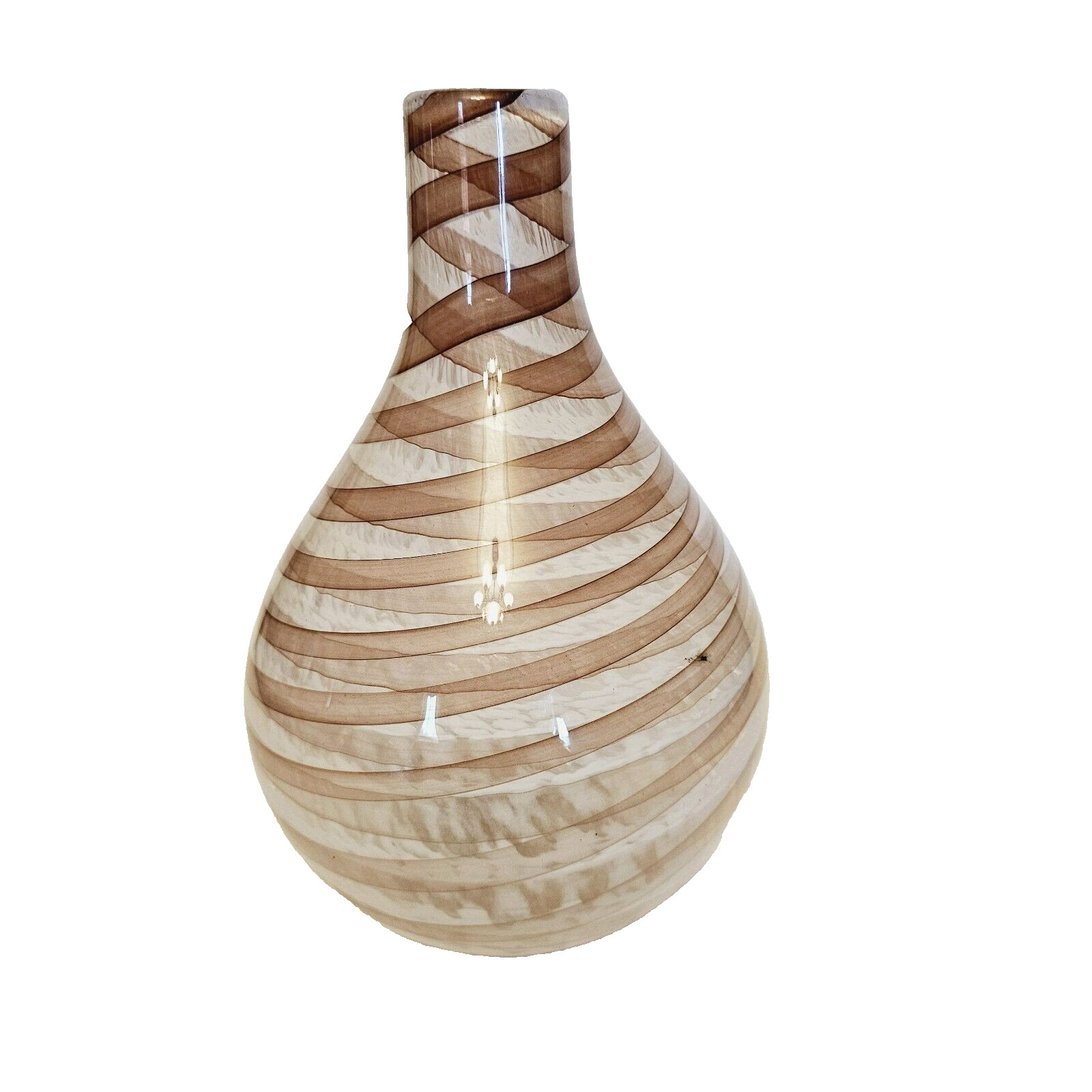 Hand Blown Art Glass Vase Pink White & Clear Striped Decorative 7″ x 10″