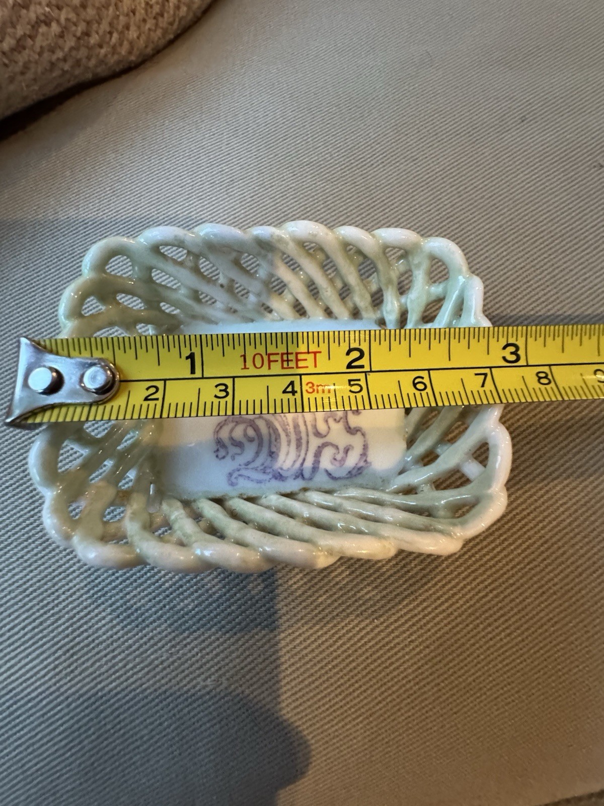 Antique White and Green with Purple Iris Floral Small Porcelain Rope Basket