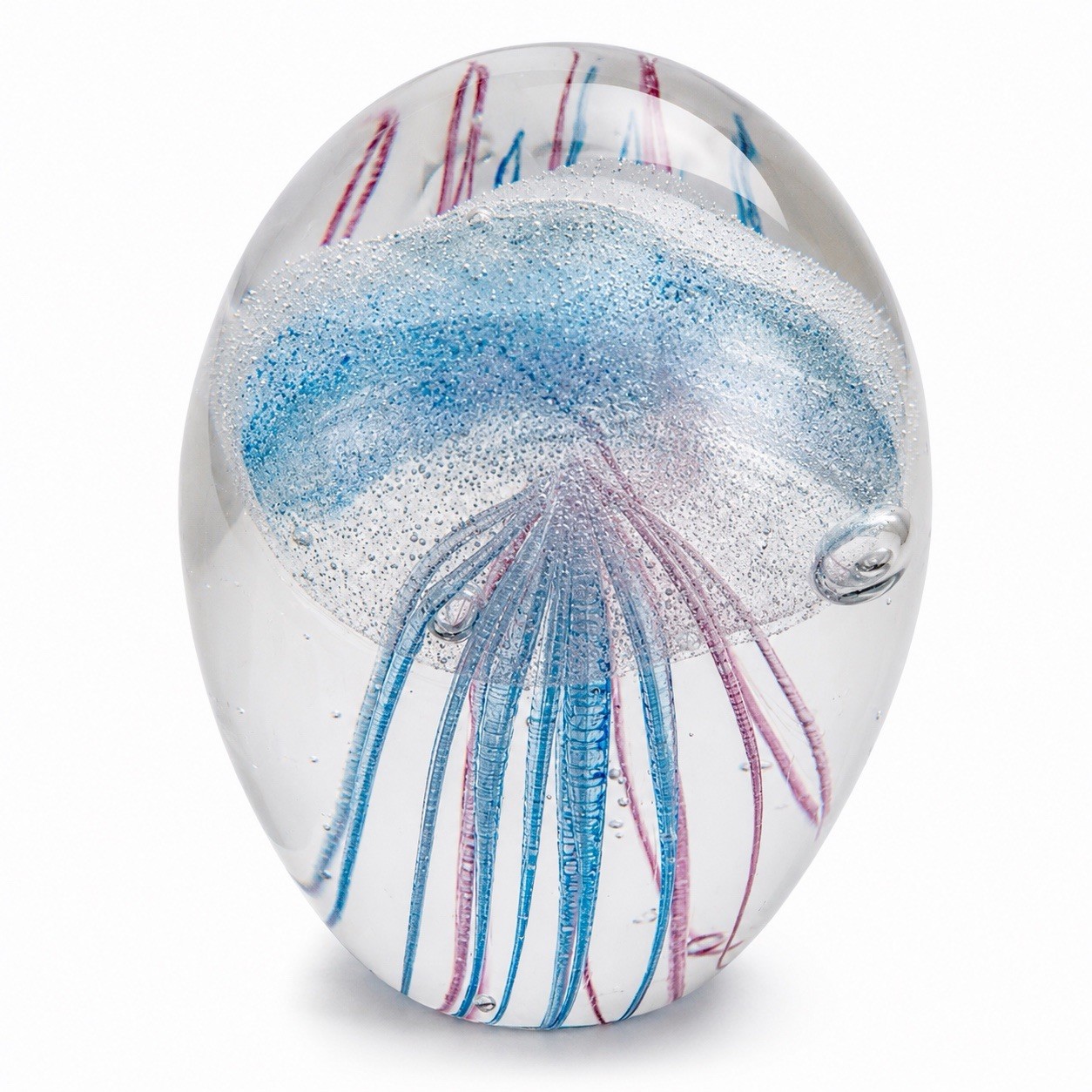 Hand Blown Art Glass Jellyfish Paperweight Blue Pink Ocean Decor 4” Sculpture