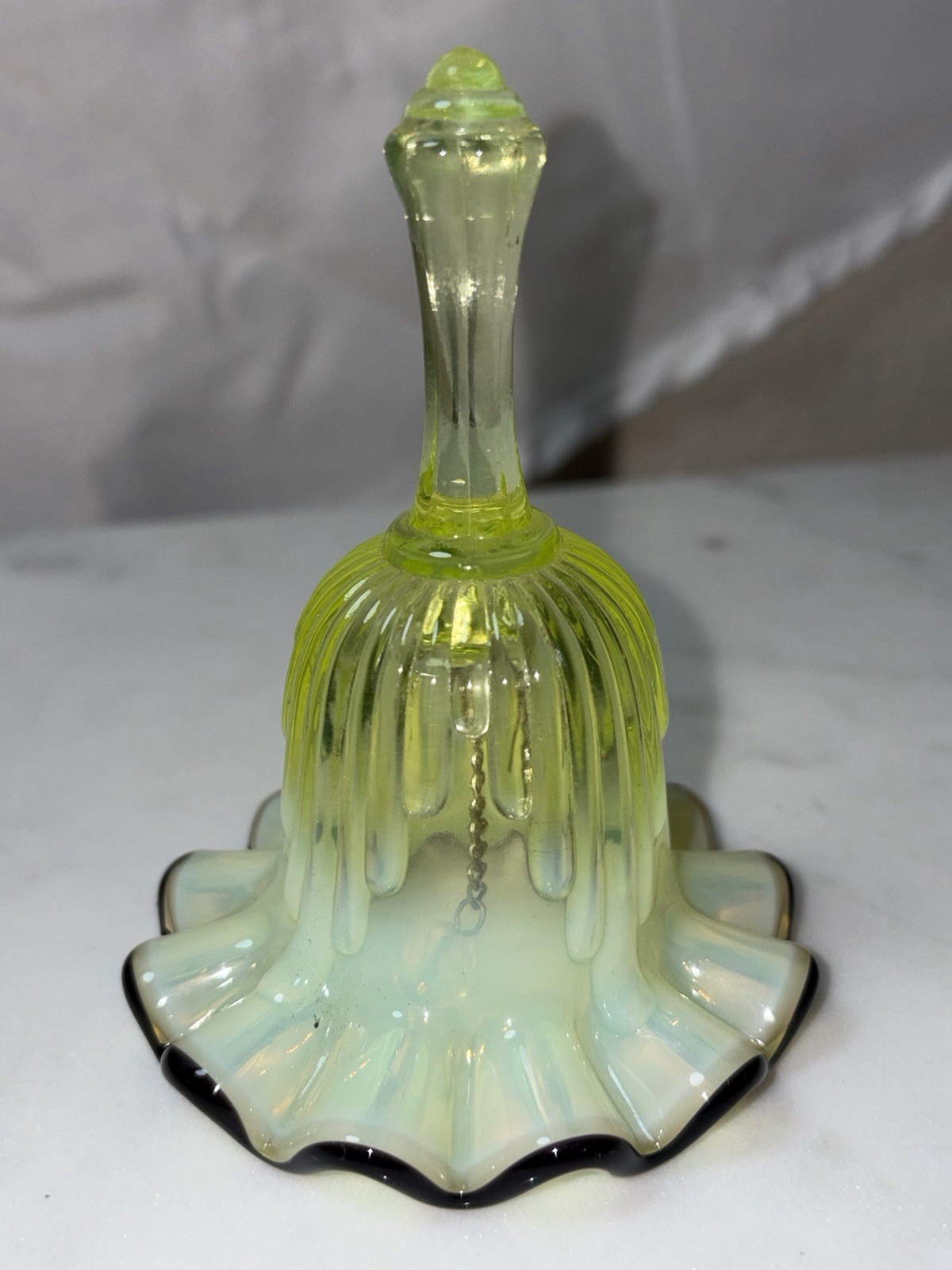 Rare Vintage Fenton Vaseline Topaz Ebony Crest Mini Bell *GLOWS*