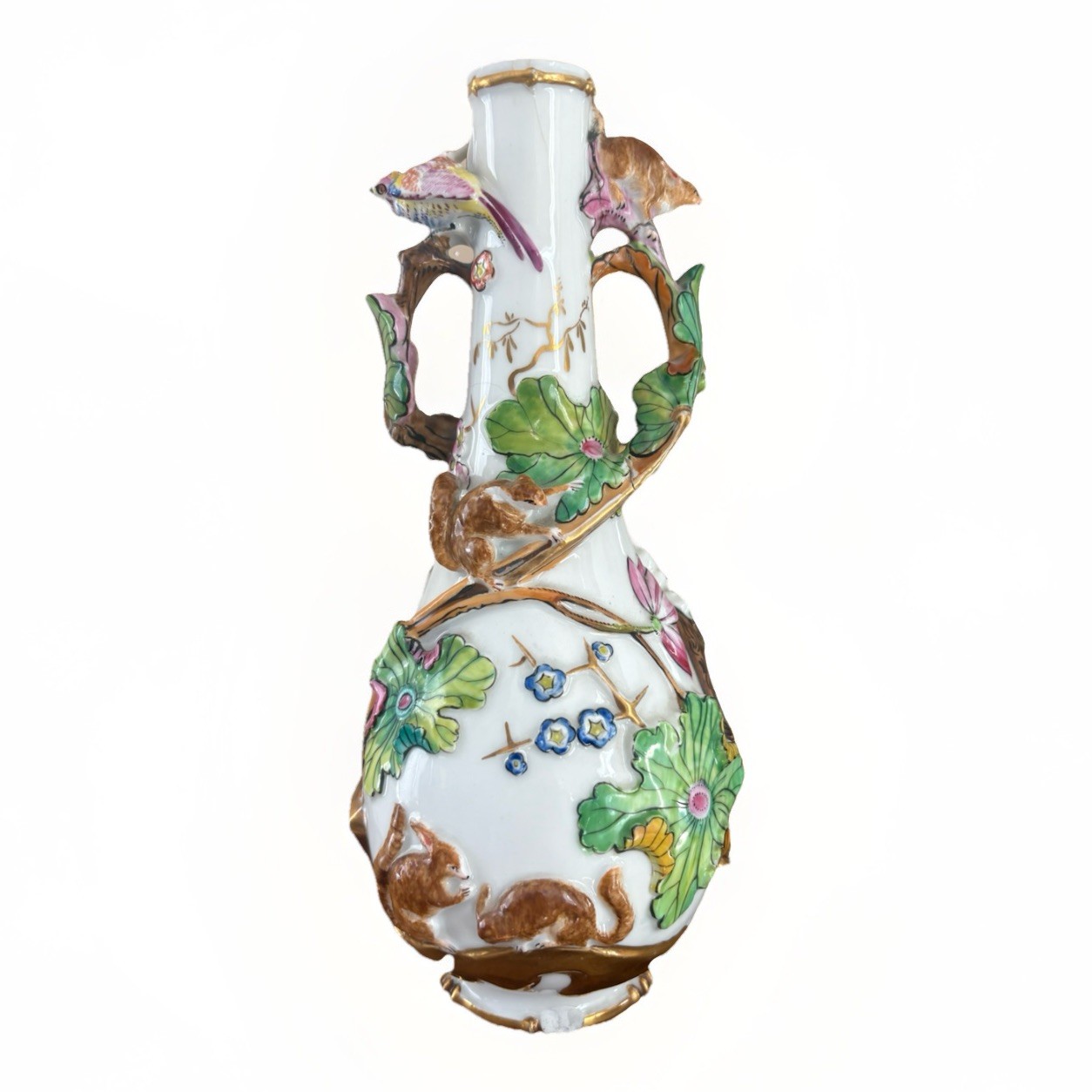 Antique Continental Porcelain Vase Figural Birds Squirrels Gilt
