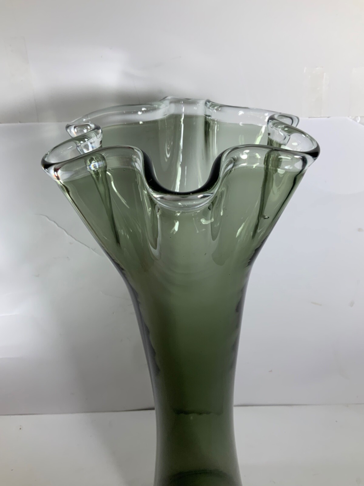 Vintage Hand Blown Glass Smokey Gray & Clear Top Ruffle Swung Vase 17.5 in.