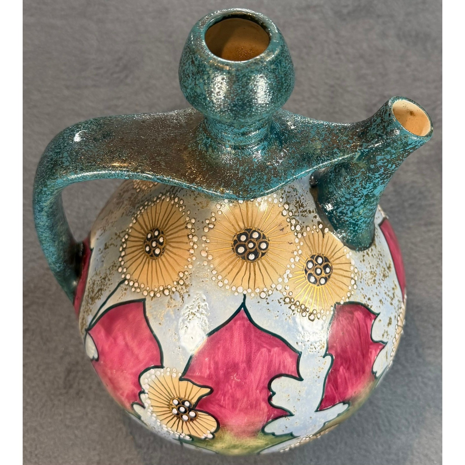 1900 Amphora Czechoslovakia Art Pottery Ewer Pitcher Floral Teal Magenta Gold