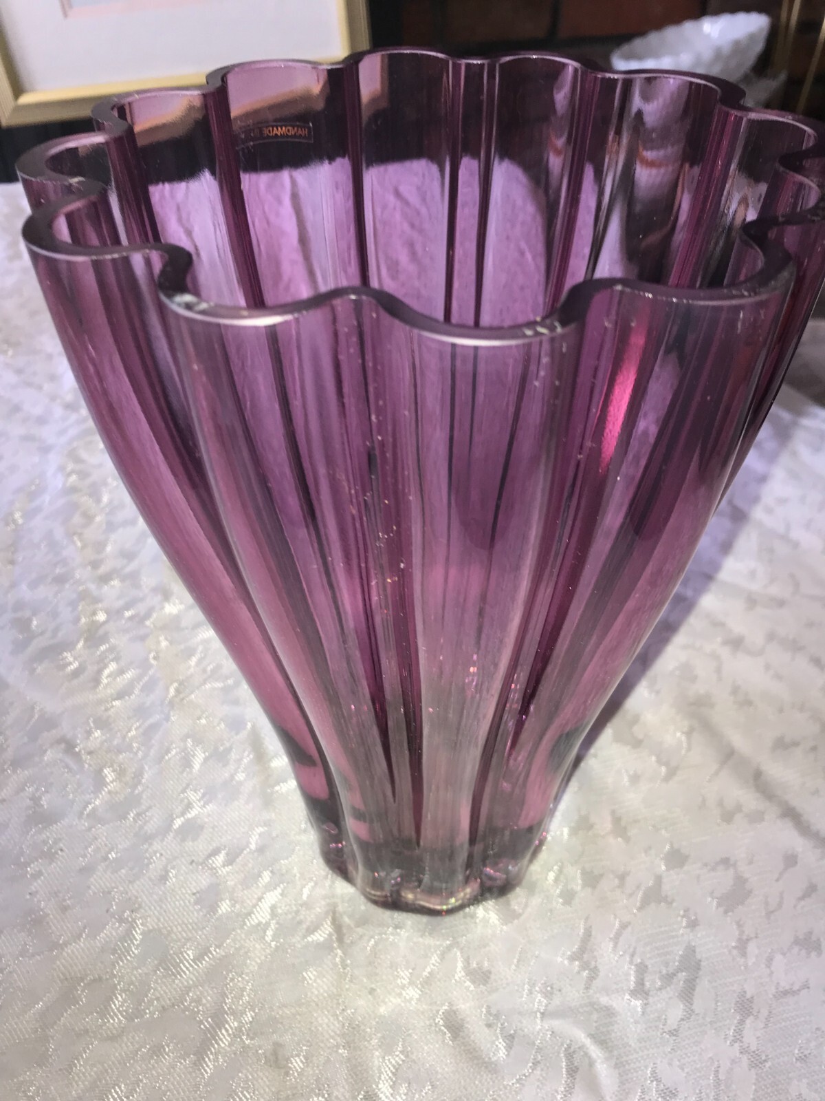 RARE Vintage PURPLE Rib RUFFLE Flared GLASS VASE 10¼” Tall Made in POLAND 4 lbs