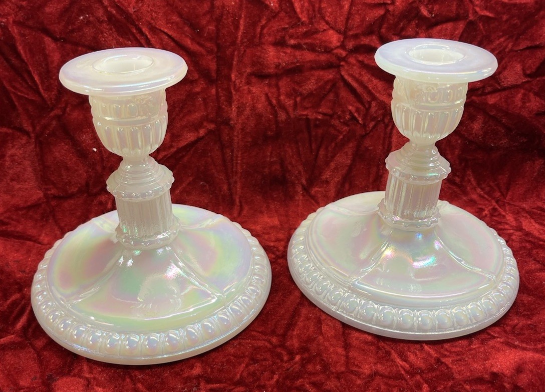 Fenton Candle Stick Holders pair, White Iridescent 4.5” T