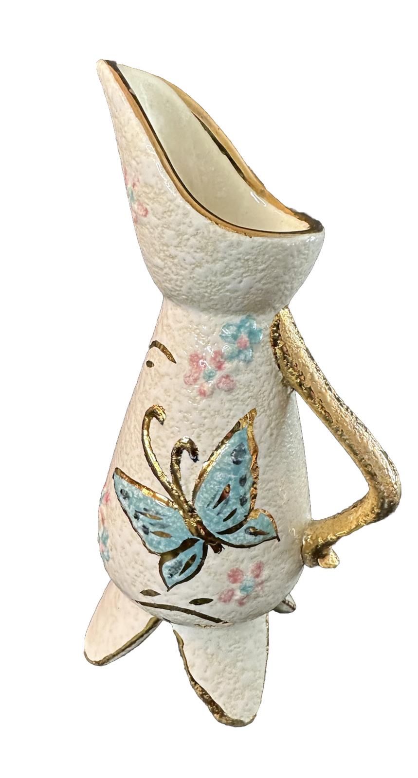 VINTAGE 1950’S USA POTTERY BUD VASE GOLD BUTTERFLY DESIGN 6 1/2 In Tall 4 Long