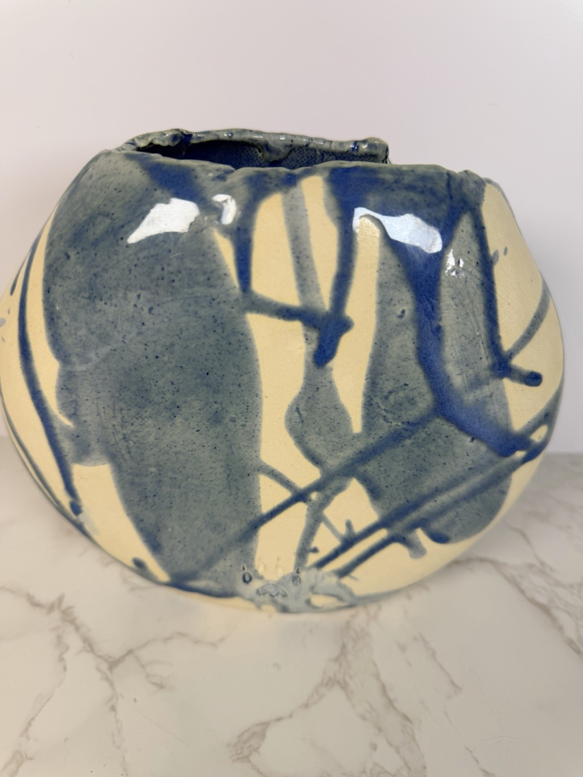 Primitive Clay Vase Handmade Brutalist Drip Glazed Incised Design Unique Signed