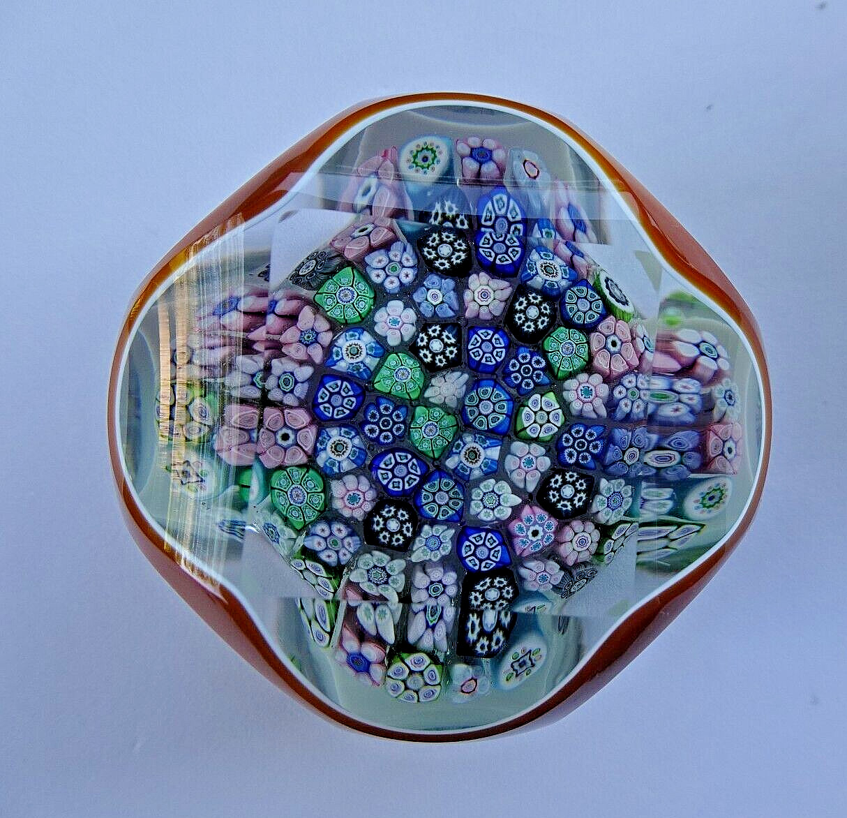 1981H Perthshire Glass Amber Overlay Faceted Millefiori Paperweight Fancy Cut LE