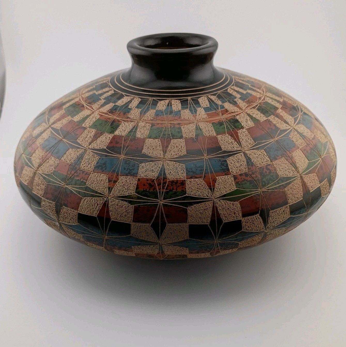MULTI COLORED ETCHED GLAZED POTTERY VASE Brown Blue Green Red Geometric VTG