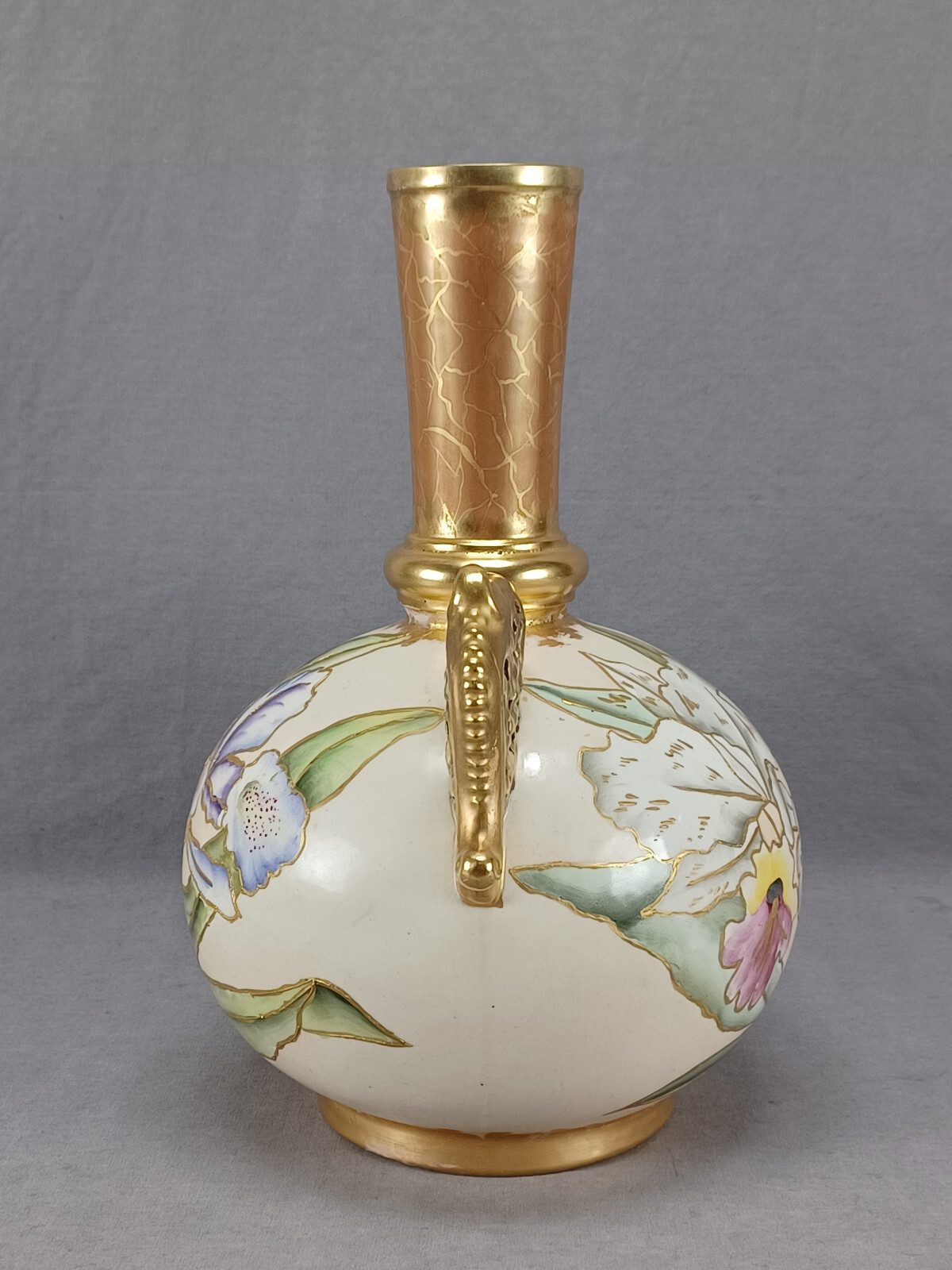 Faience Manufacturing Co Brooklyn NY Hand Painted Orchids Ivory & Gold Vase