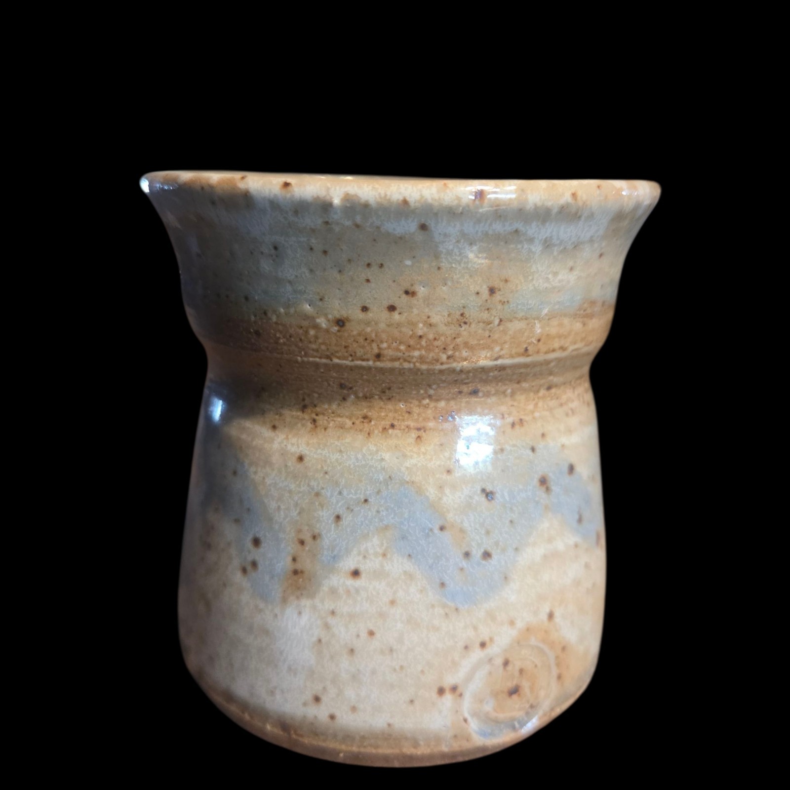 Studio Art Pottery Vase 3.5″ Planter Handleless 11oz Cup Tan Brown Blue Chevron
