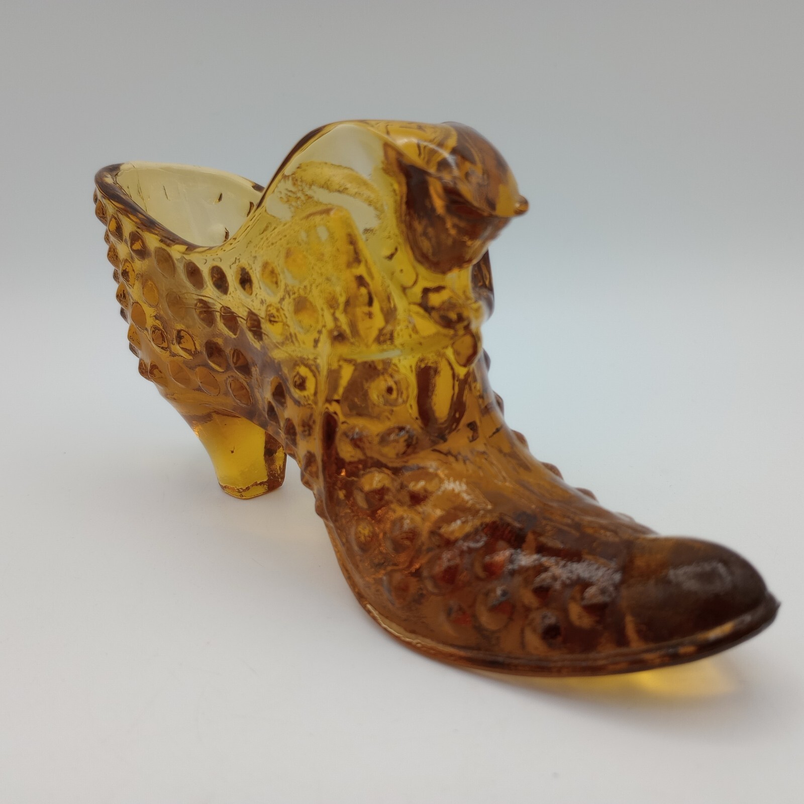 FENTON Amber Glass Hobnail Pattern Shoe With Cat Head With Fenton Sticker Vtg