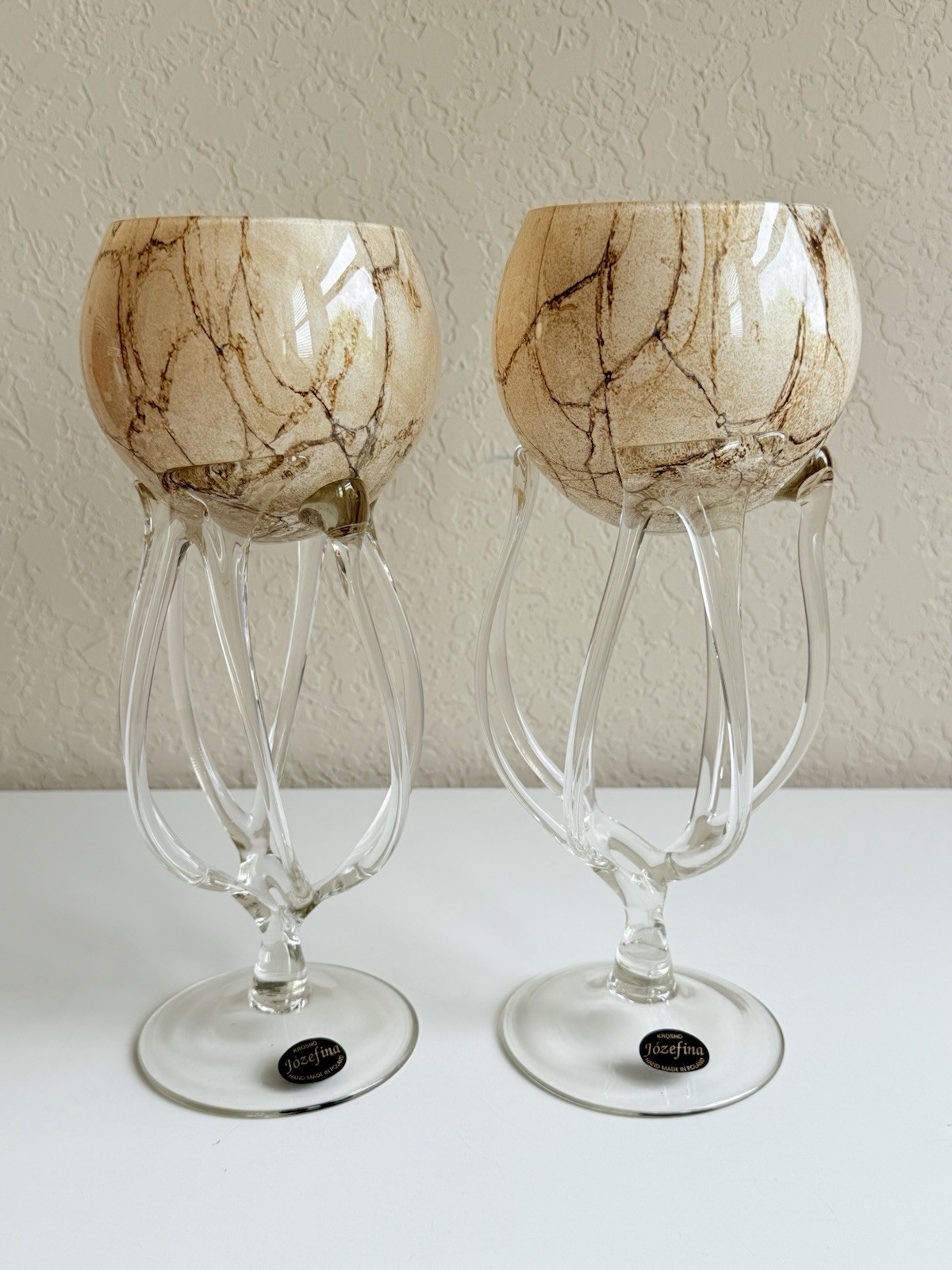 PAIR OF 2- Jozefina Krosnos Jellyfish Compote Bowl Poland Beige Tan Brown Swirl