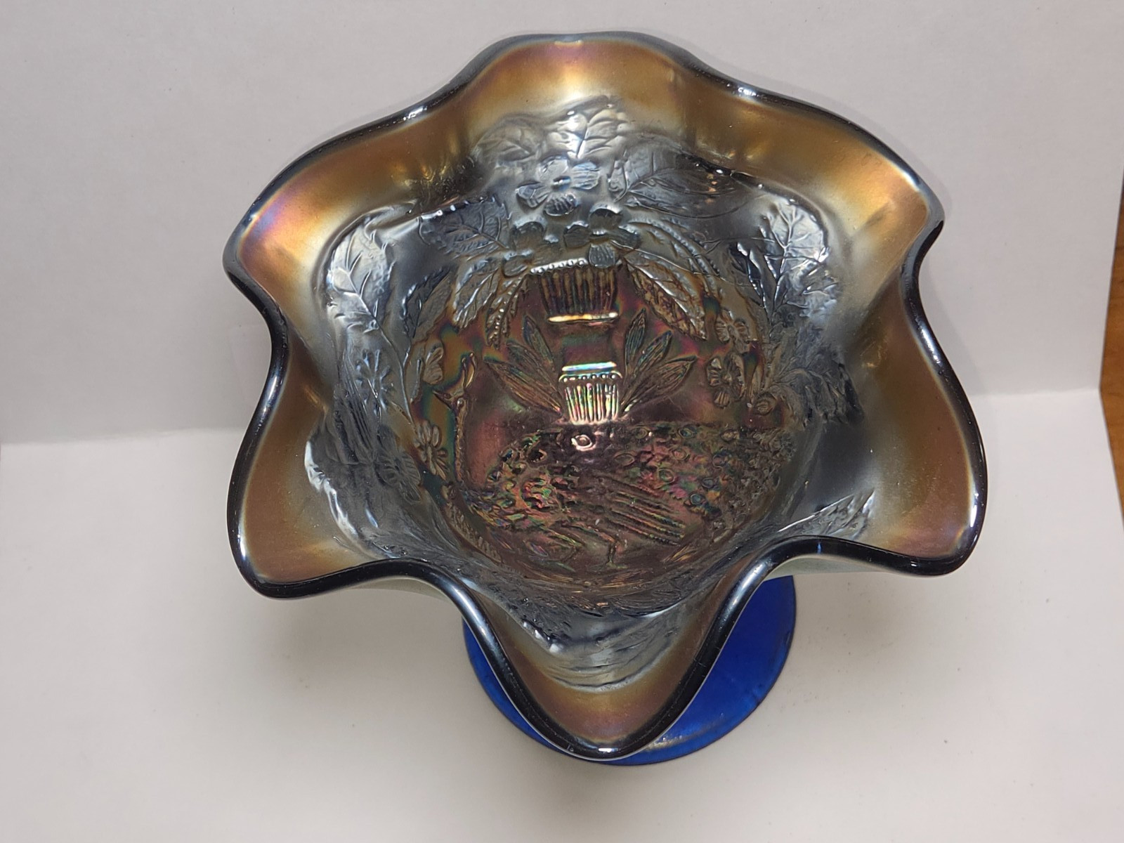 FENTON EAPG COBALT BLUE CARNIVAL GLASS COMPOTE (PEACOCK AND URN)