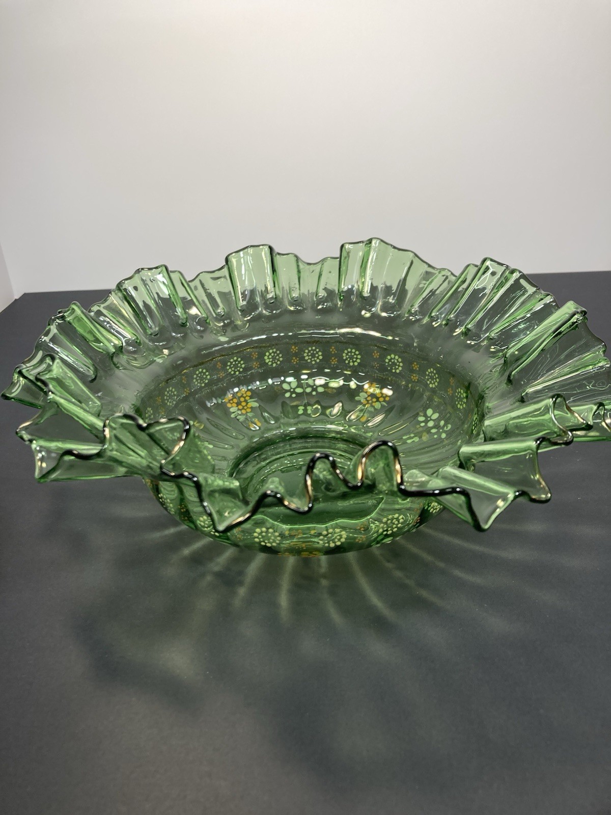 Victorian Brides Bowl/Green With Metal Stand & Enameled Flowers & Ruffled Edges
